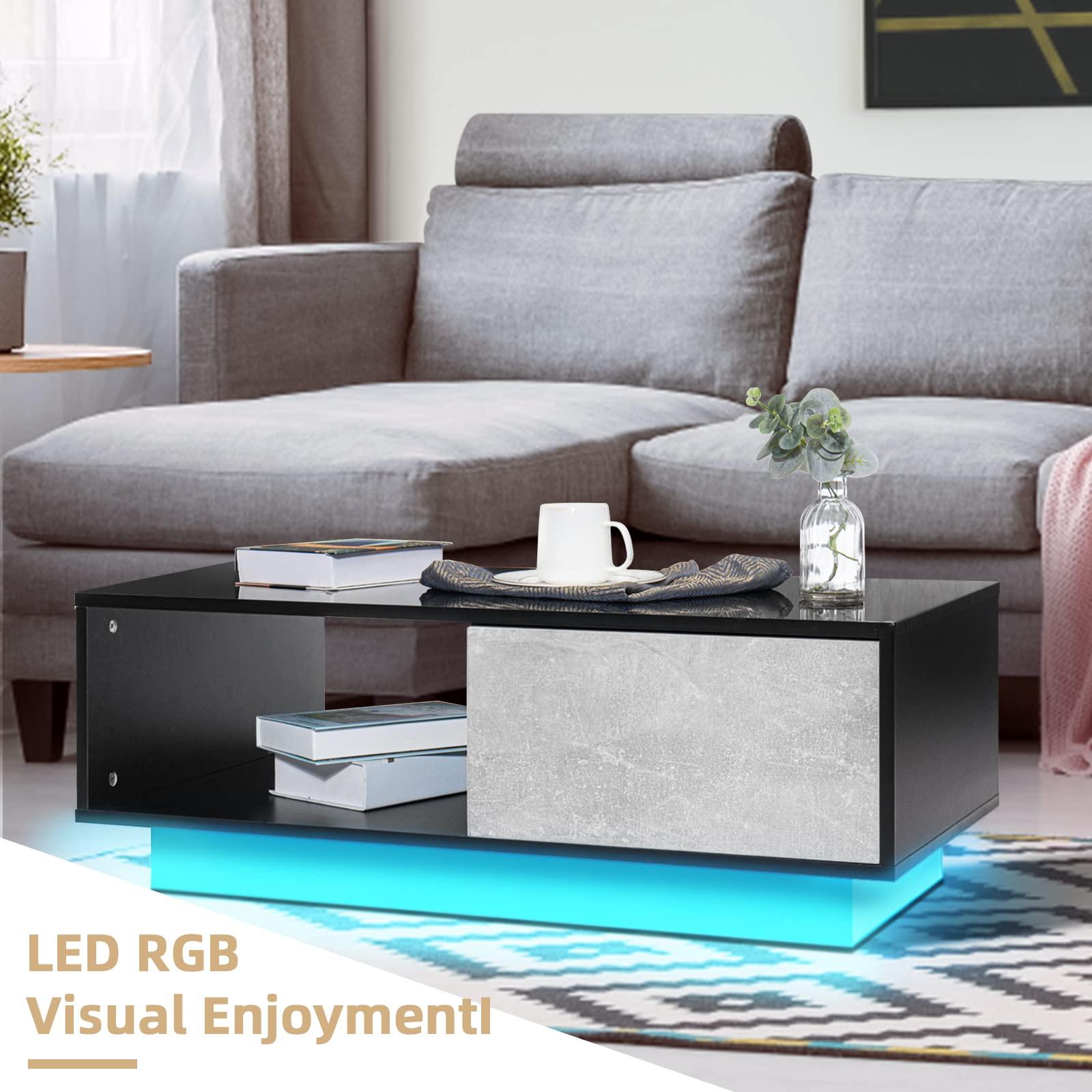 HOMMPA HOMMPA Small LED Coffee Tables for Living Room Grey Coffee Table with LED Lights Modern Low Profile Center Table with High Gloss Table Top for Small Place 13\" Tall