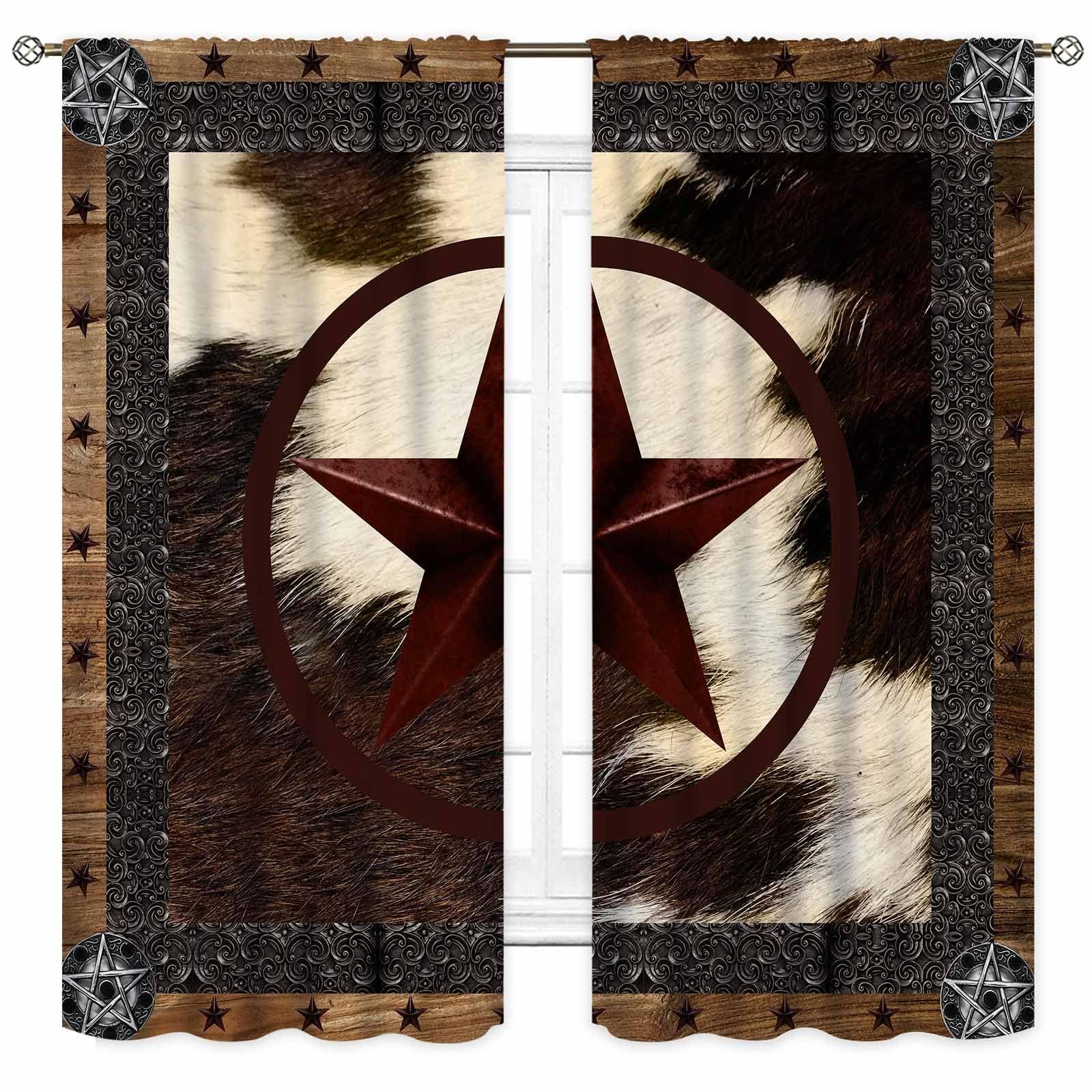 TKUYO Cow Print Curtains, Rustic Brown Cowhide Cow Printed Pattern Farmhouse Western Blackout Curtains for Bedroom Living Room Kitchen Texas Star Cow Skin Fur Window Treatments Drapes 2 Panel, 42"x63" Inch