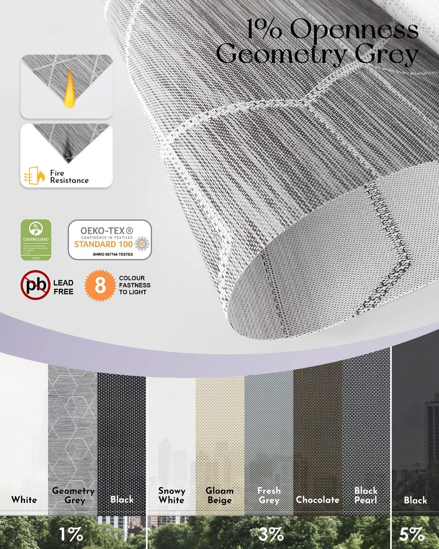 Graywind Graywind Motorized Outdoor Shades for Patio Compatible with Alexa Google Smart Sun Shades Exterior Solar Powered Blinds Electric Roller Shades for Patio Outside, Custom Size (1% Geometry Grey)