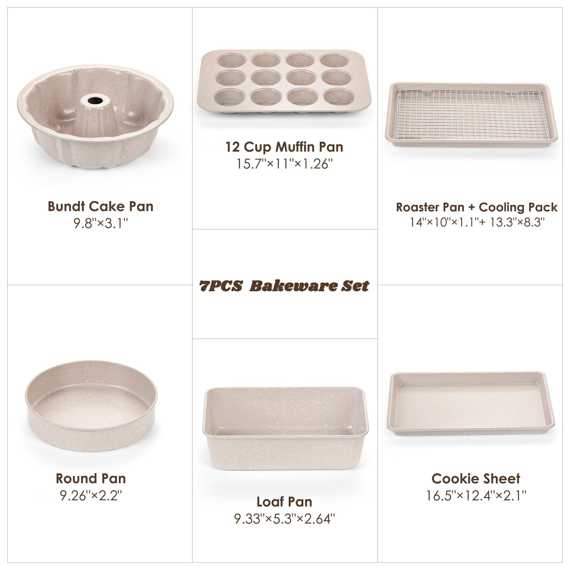 VONIKI Nonstick Bakeware Set - 7 Piece Oven Bakeware With Cookie Sheet, Cake Pan, Loaf Pan, Muffin Pan, Roaster, Cooling Rack - PTFE & PFOA Free Baking Supplies