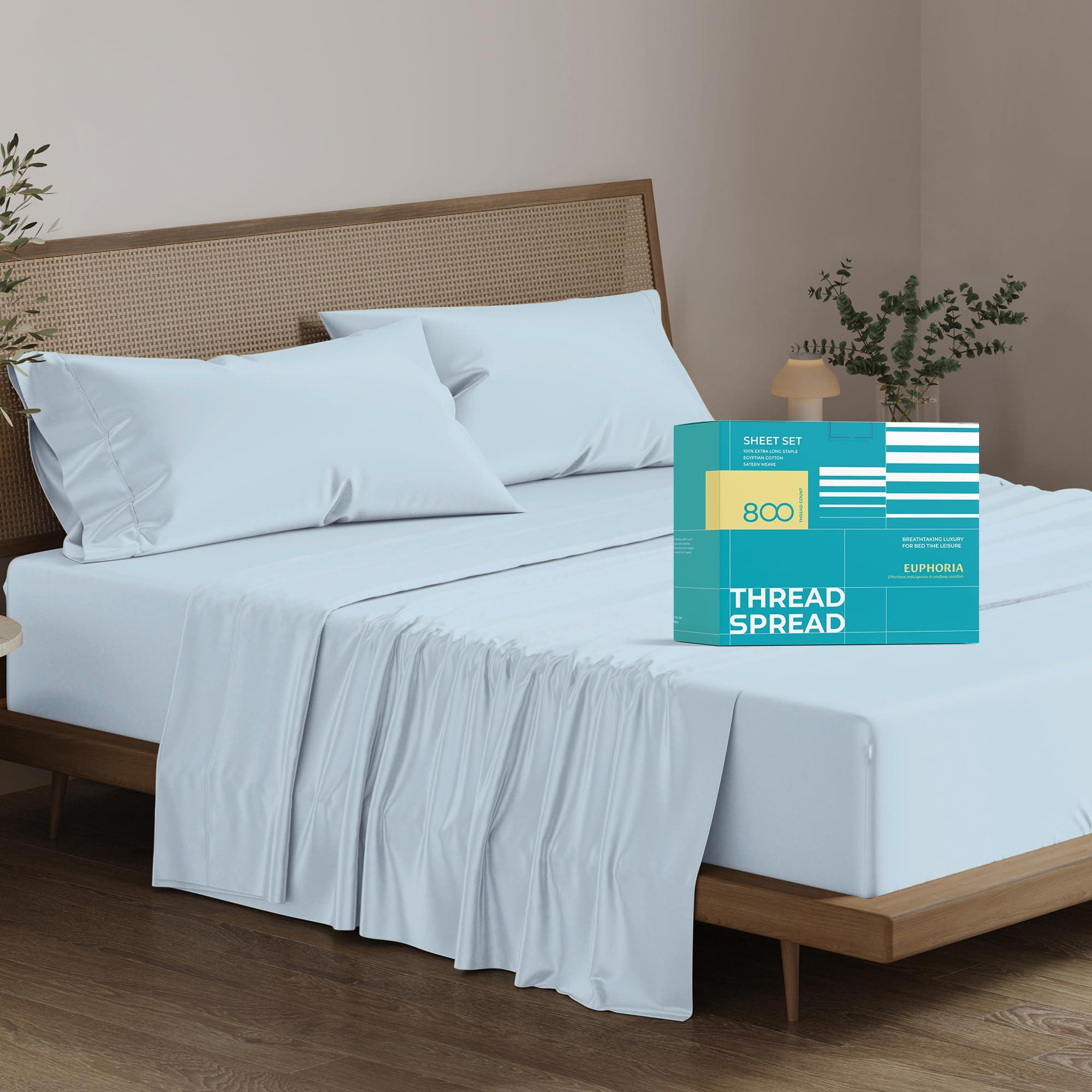 THREAD SPREAD THREAD SPREAD 100% Egyptian Cotton Sheets Queen Size - 800 High Thread Count Sheets Queen, 4 Piece Luxury Hotel Sheets for Queen Size Bed, 16\" Deep Pocket Soft Sateen Cooling Bedding Sets (Light Blue)