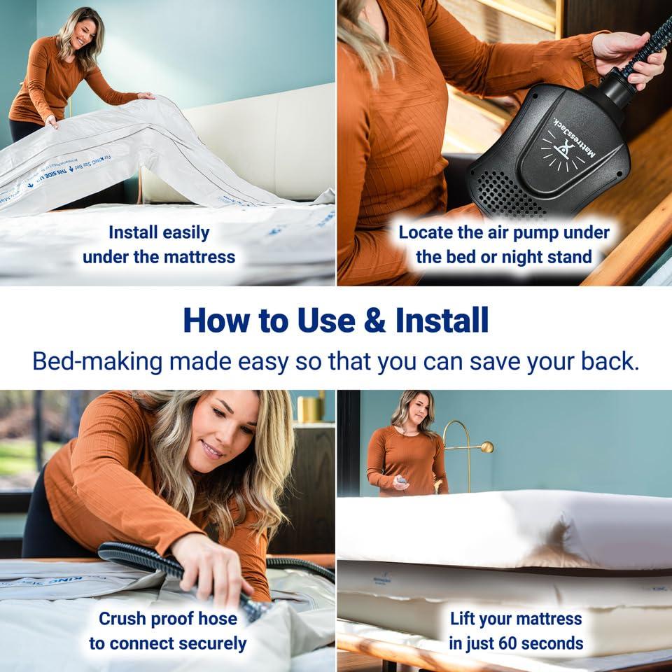 MATTRESS JACK BEDS MADE EASY Mattress Jack Mattress Lifter, Queen - Mattress Elevator for Sheet Tucking & Bed Making - Mobility Aid for Elderly, w/Inflatable Ring, Air Pump