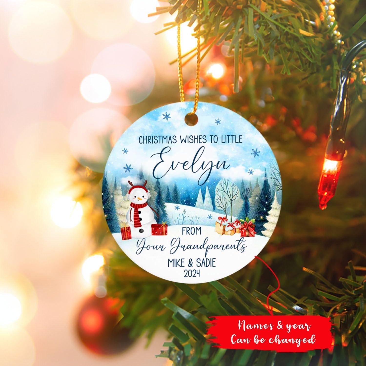 Yanria Christmas Wishes to Little from Your Grandparents Ornaments 2024, Personalized Grandkids Christmas Tree 2024 Ornaments, Custom Xmas Keepsake Gifts for Grandchildren from Grandparents with Name & Year
