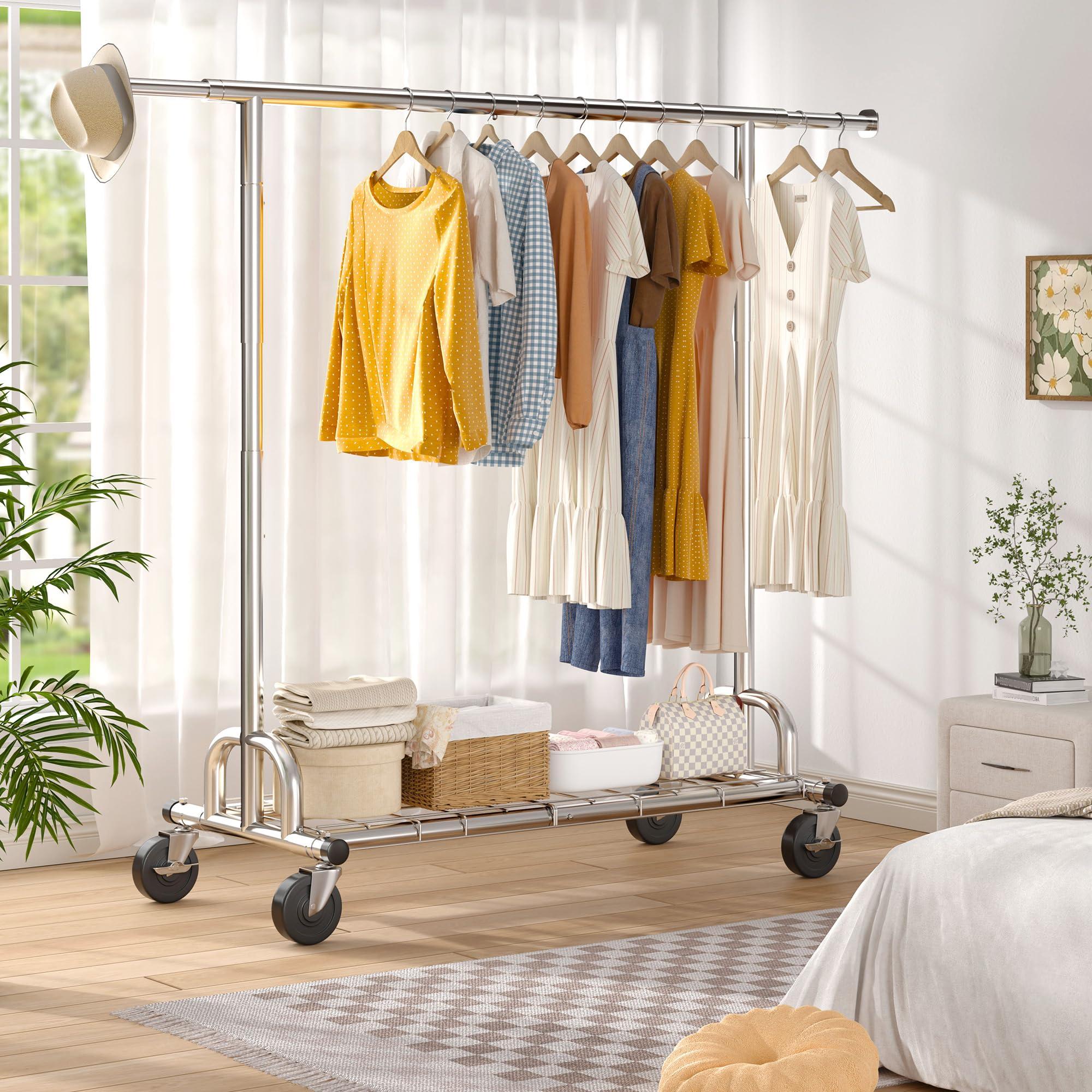 Raybee Raybee Heavy Duty Clothes Rack, Clothing Rack Load 485 LBS, Metal Garment Rack, Rolling Clothes Racks for Hanging Clothes, Portable Clothes Rack with Sturdy Wheels