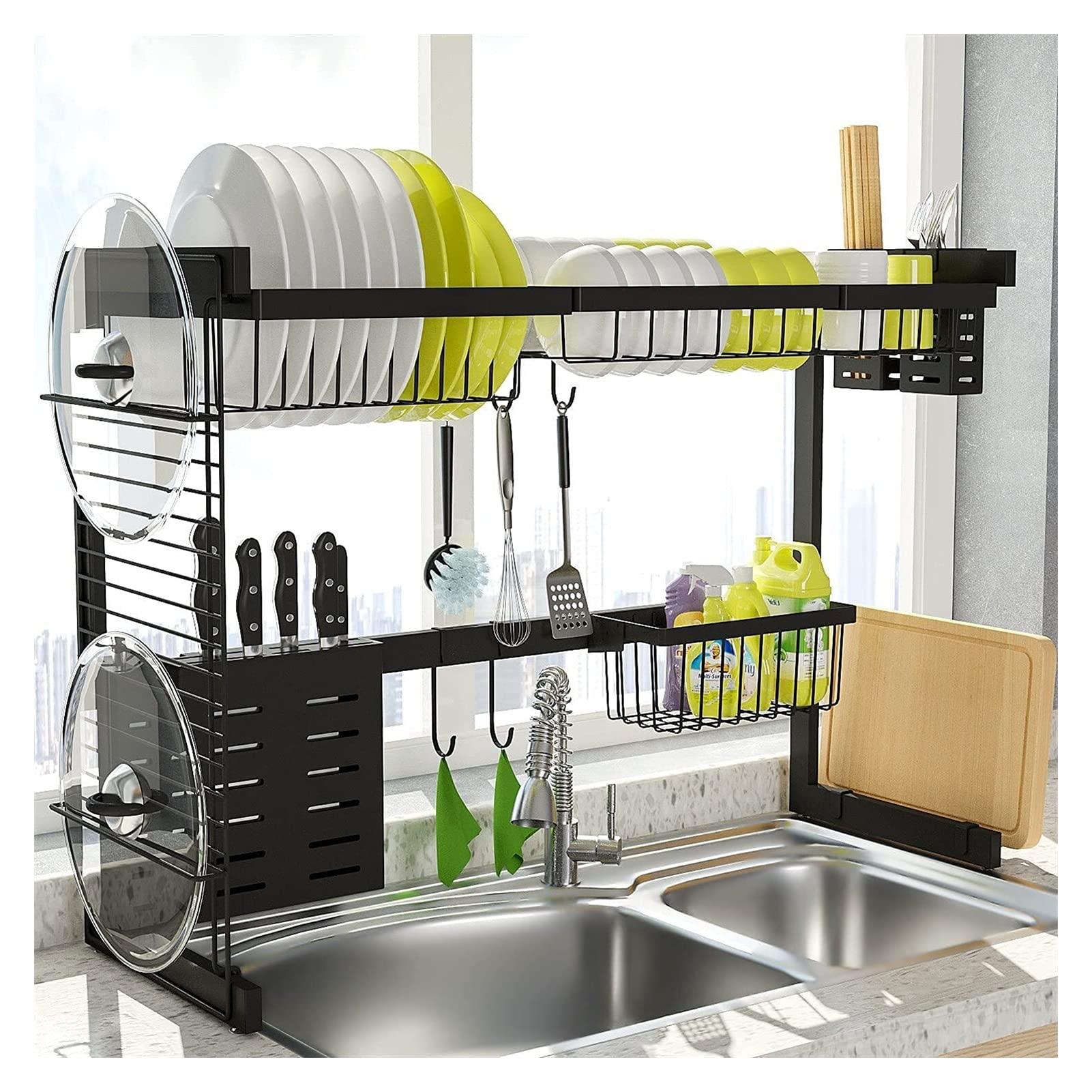 HAOKTSB Dish drainer Over The Sink Dish Drainer, 2-Tier Dish Rack Above Sink, Multipurpose Large Dish Drying Rack Drainer with Pot Lid Holder, Kitchen Countertop Shelf Organizer with Cutlery Cutting Board Hol