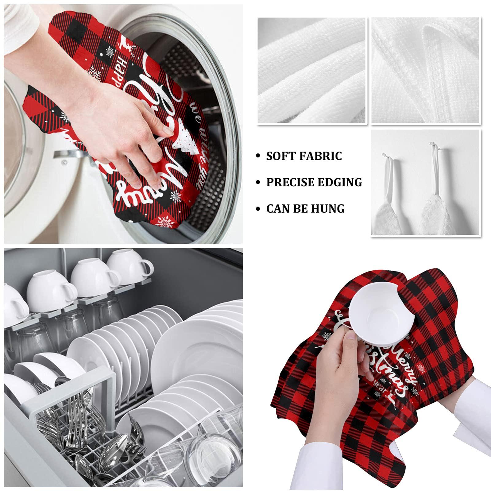 YOKOU YOKOU Kitchen Towel, Merry Christmas Tree Snowflakes Elk Winter Red and Black Plaid Absorbent Dish Cloths Soft Towels Hand Towels Tea Towels for Bathroom Tubs Shower, Pack of 1, 18x28 Inches