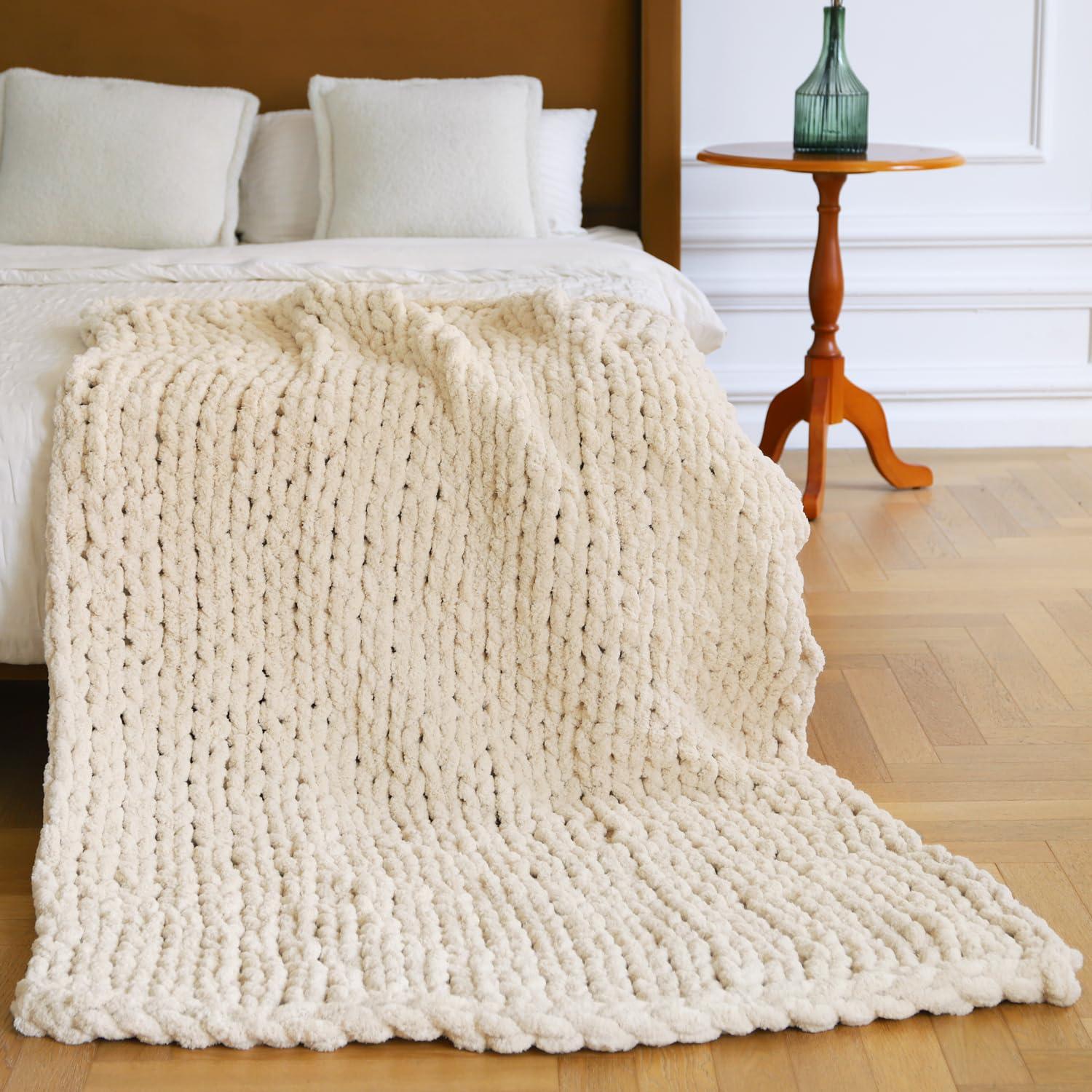 MOSDECEN Beige Chunky Knit Throw Blanket, Soft Cream Knit Throw Blanket for Couch Ivory Hand Knitted Throw Blanket Thick Boho Chunky Throws for Bed Sofa Cable Knit Blankets Crochet Chenille Blankets 50x60\'\'