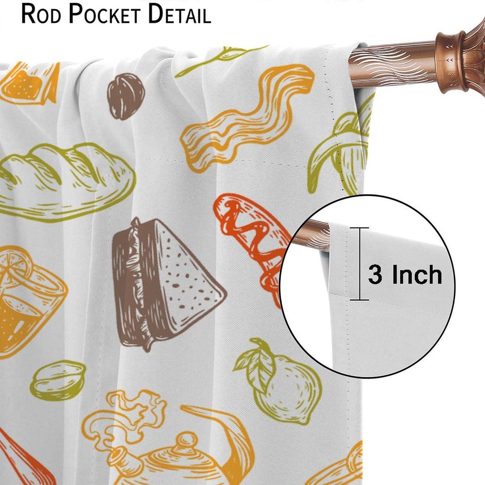 Chocolatemaoutdash Breakfast and Morning Blackout Curtains Vector Breakfast Food,Meal and Drinks Rod Pocket Thermal Insulated Drapes Darkening Window Curtain for Bedroom Living Room Kitchen 31.5x63in x 2