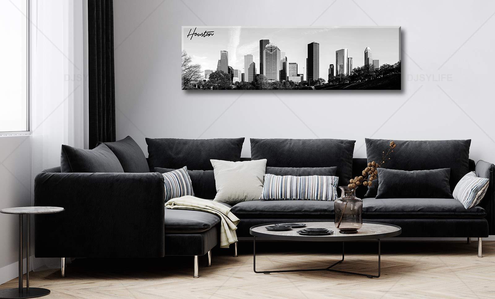 DJSYLIFE Black and White Wall Art Houston Skyline Canvas Print Picture Panoramic Cityscape Poster Decoration for Bedroom Office Home Decor Framed and Ready to Hang, 13.8"x47.3"