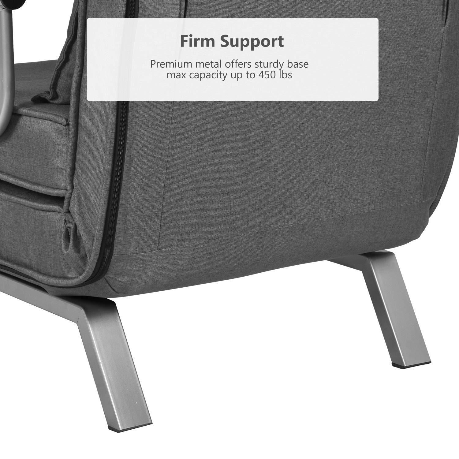 N / Convertible Sofa Bed Sleeper Chair, Modern Chaise Lounge 5 Position Adjustable Backrest, Folding Arm Chair Sleeper with Pillow, Upholstered Seat, Couch for Bedroom Home Office, Grey