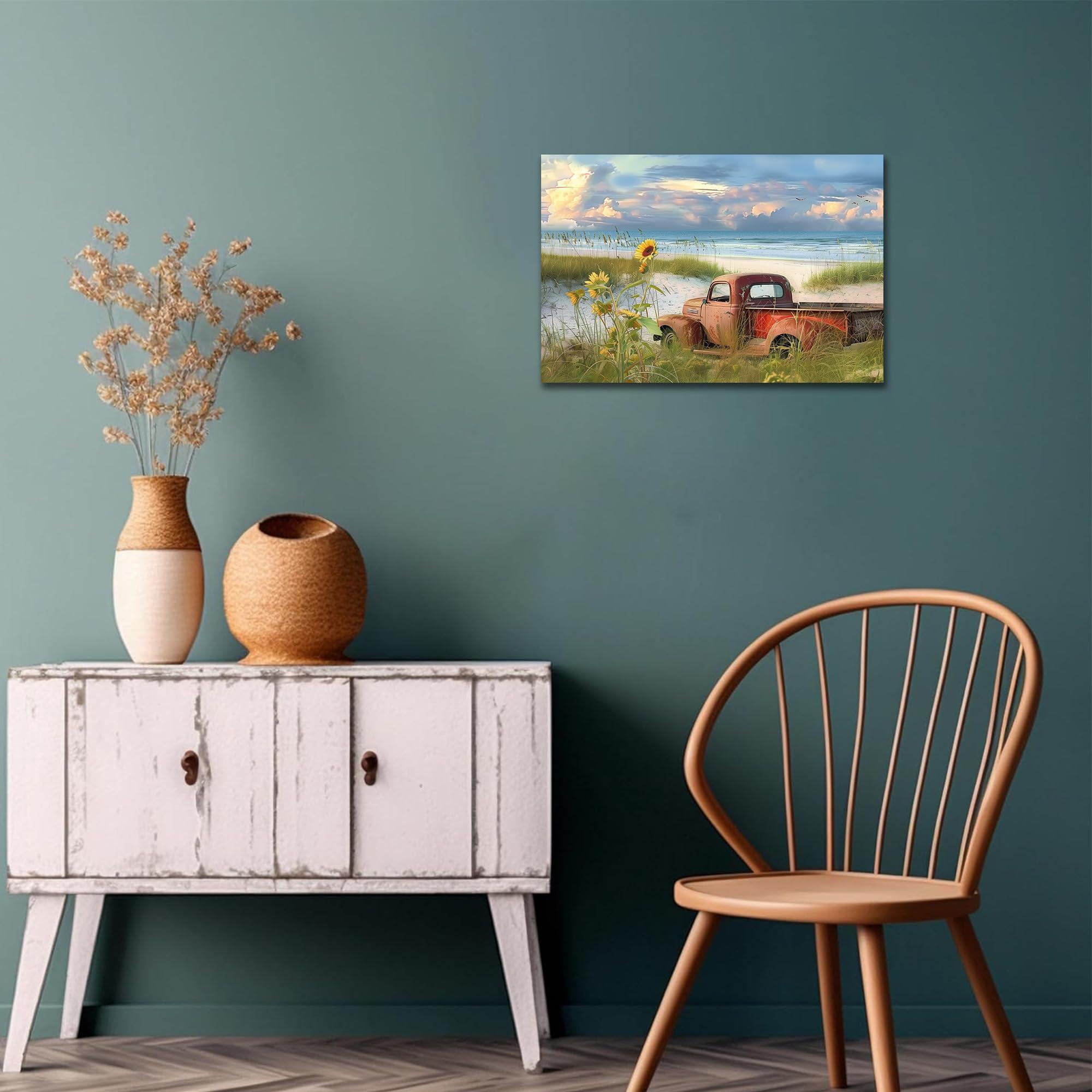 ANRUOXI ANRUOXI Coastal Wall Art Framed, Beach Wall Art for Living Room Wall Decor, Ocean Wall Art Old Truck on The Beach, Flower Truck Beach Pictures Wall Art for Bedroom Framed Ready To Hang 12x18\'\'