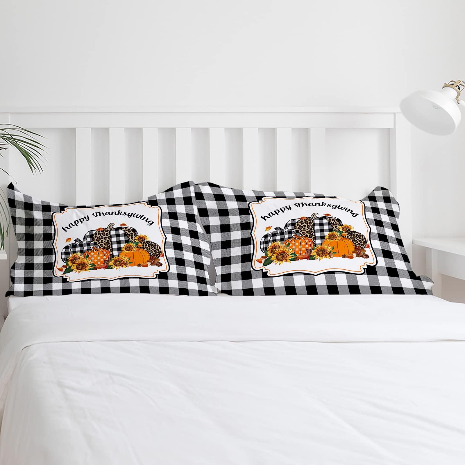 YESOF66 YESOF66 Zipper Duvet Cover Set Soft Comforter Cover Set for Girls Boys,Happy Thanksgiving Pumpkins Black White Lattice Daisy Bedding Sets Twill Plush Bed Sheet Set,Full Size