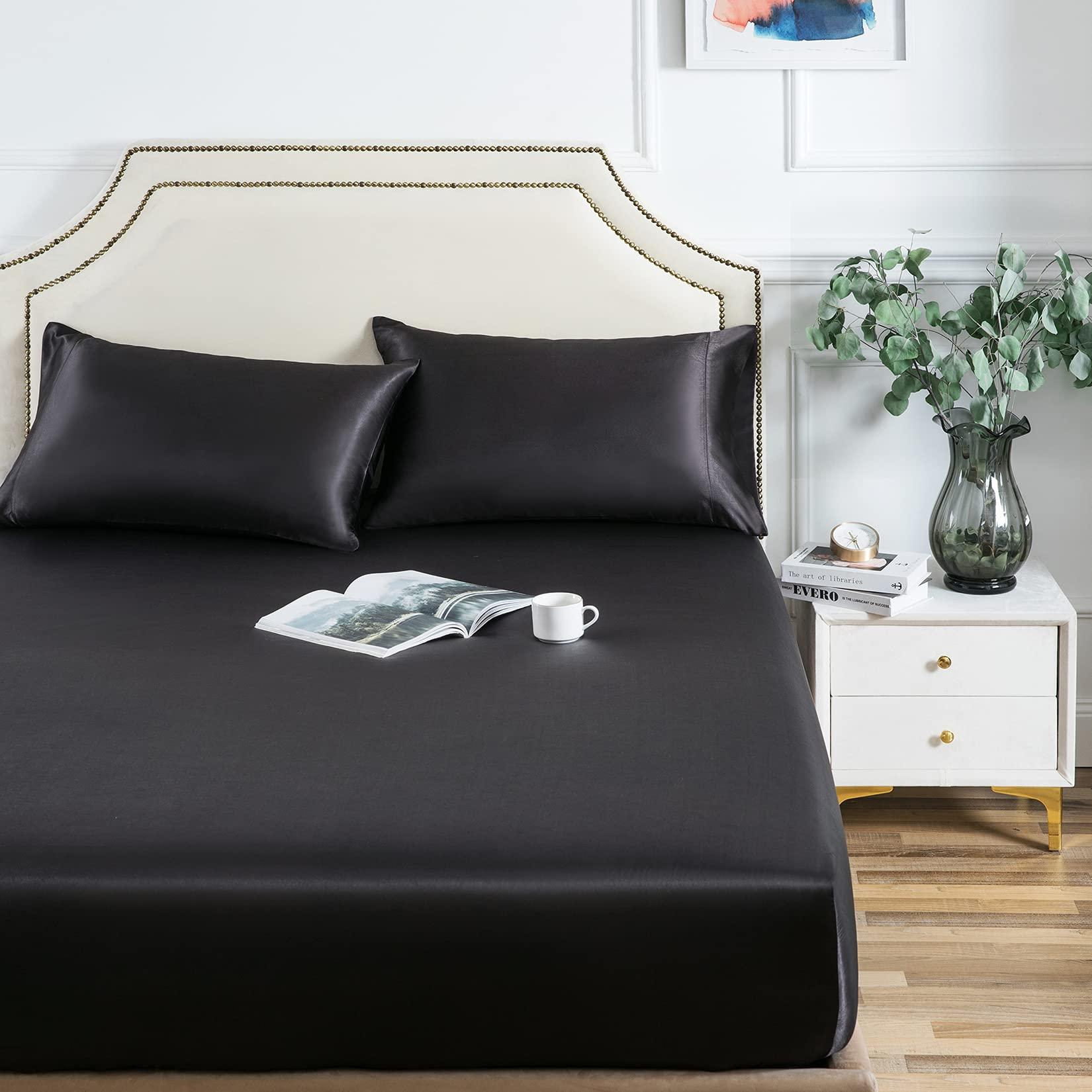 Good Night Bedding Fitted Sheet Full Black - Satin Silk Soft and Comfortable - Wrinkle, Fade, Stain Resistant - 24\" Deep Pocket - 1 Single Fitted Bottom Sheet Only - Easy Care (Full, Black)