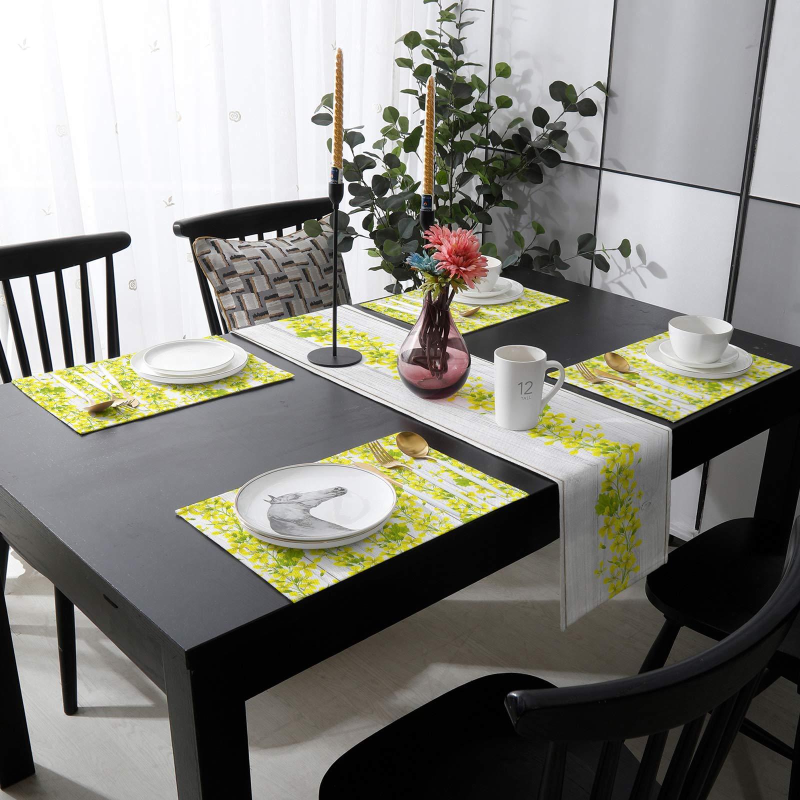 Falaniique Wood Grain Spring Farm Yellow Flower Filling Placemat with Matching Table Runner Cotton Linen Burlap Table Top Set Coffee Mat,(2PCS Place Mats + 13\"x70\" Runner) for Kitchen Dinner Party Wedding Decor