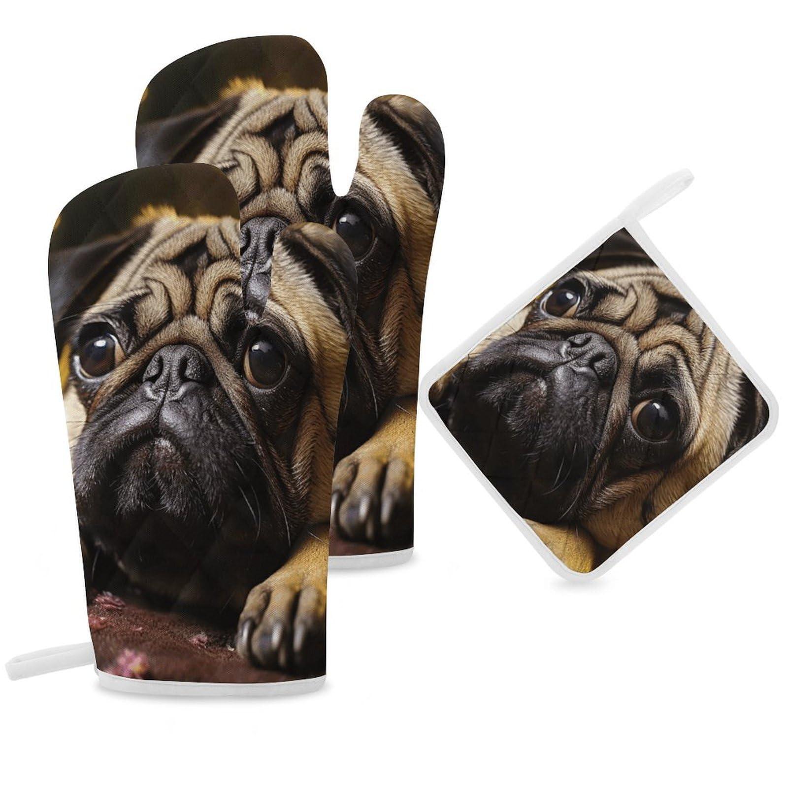LZQPOEAS Oven Mitts and Pot Holders 3 Pcs Set Oven Glove Cry Pug Oven Mitt Heat Resistant Kitchen Oven Gloves for Cooking Hot Pads Non-Slip Cooking Gloves for Baking Kitchen Hot Pads for Grilling Microwave
