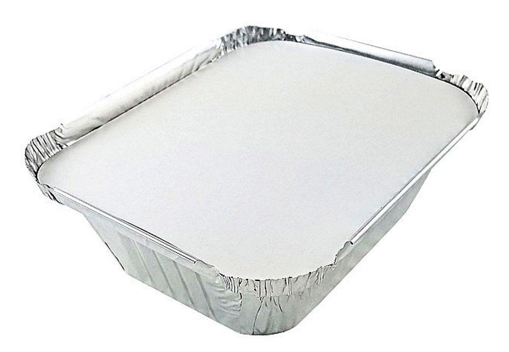PACTOGO PACTOGO 1 lb. Oblong Deep Aluminum Foil Take-Out Pan with Board Lid Disposable Containers 5.56\" x 4.56\" x 1.62\" (Pack of 50 Sets)