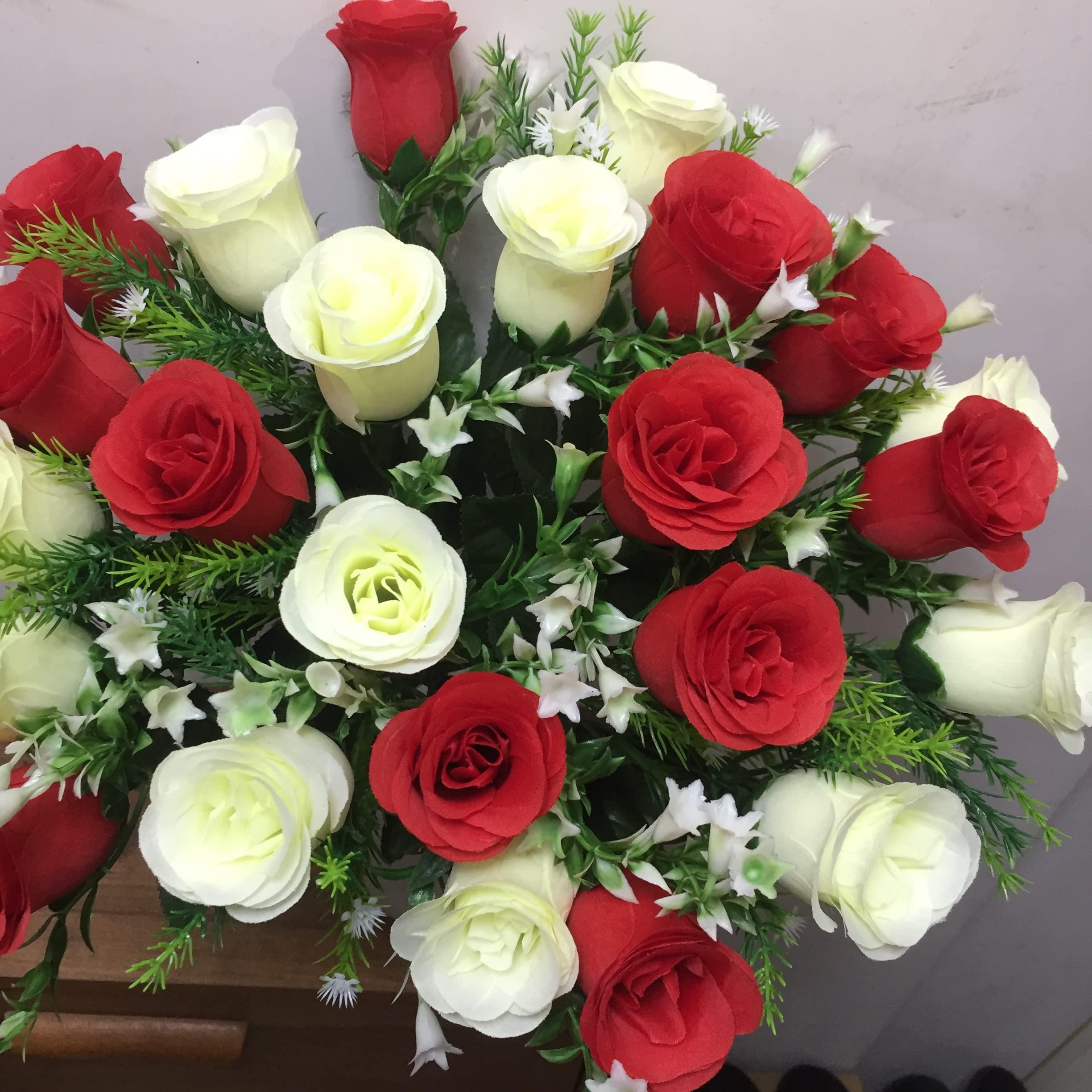 Gritech Gritech Silk Flowers Cemetery Flowers Roses Artificial Flowers for Graves & Memorials- Arrangements for Headstones- Lifelike, Florist-Arranged Bouquet (Red/White, 2)