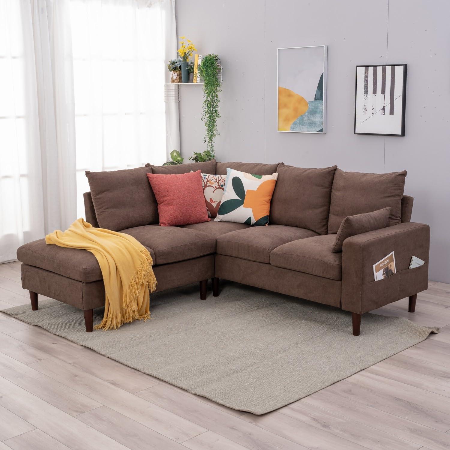 Panana Living Room Furniture Sectional L-Shaped Sofa with Built-in USB Port,Universal Corner Couch Extra Wide Chaise (Brown Linen Fabric, 5 Seater with Built-in USB Port - Track Arm)