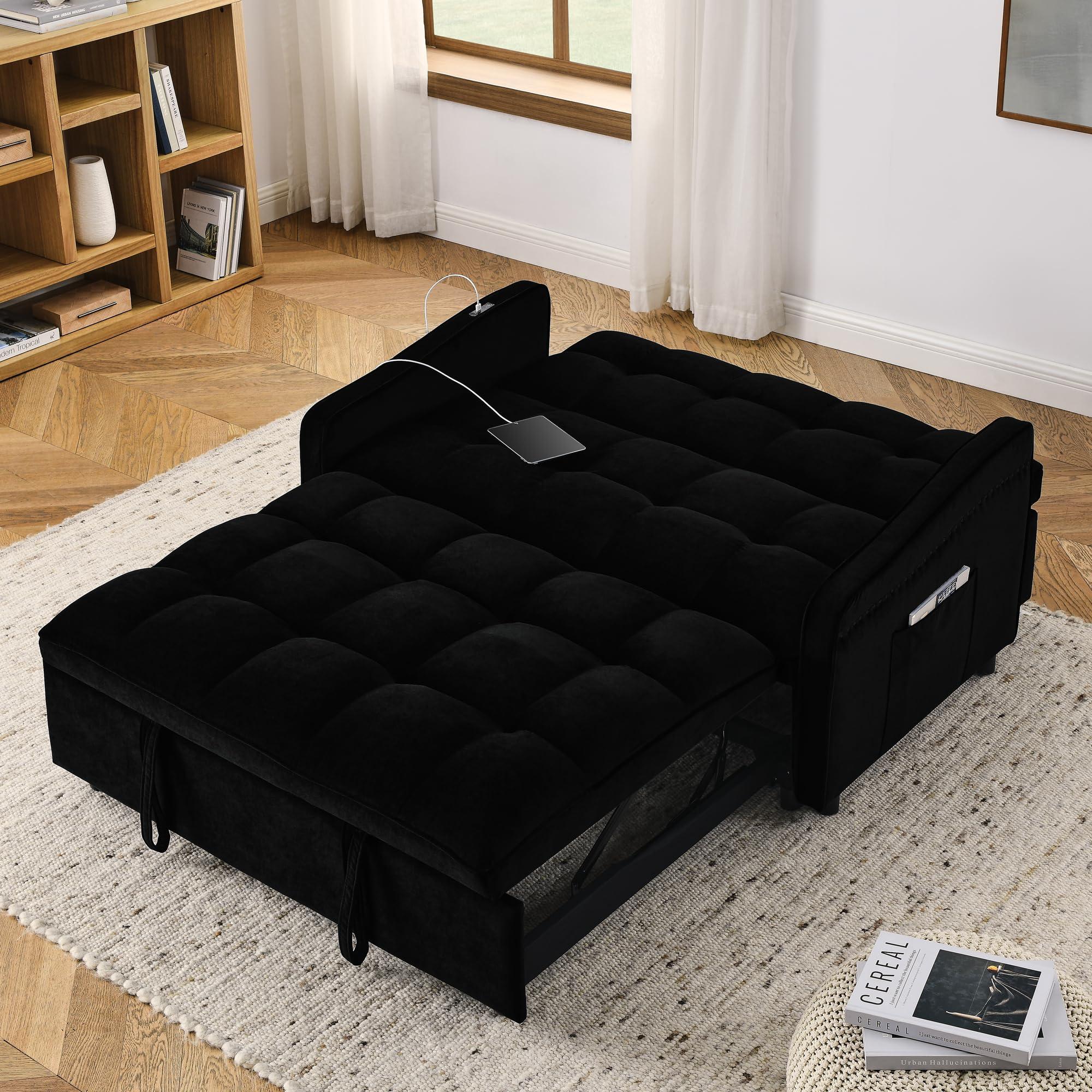 AYUYK AYUYK Loveseats Sofa Bed with Pull-Out Bed,Adjsutable Back and Two Arm Pocket,TypeC and USB Charging with Copper Nail (Black)