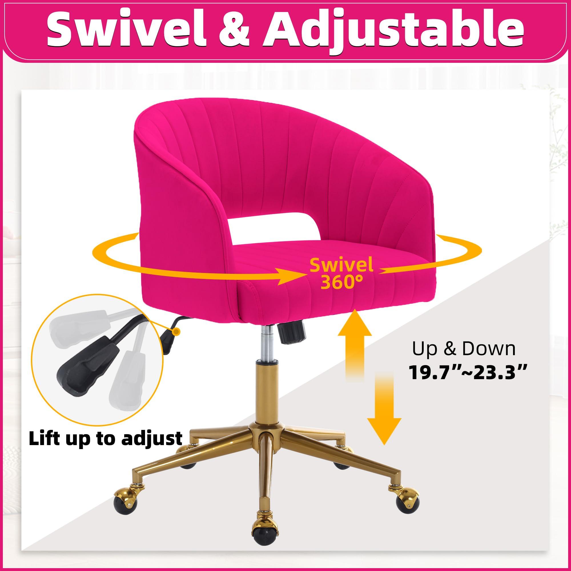 ABET ABET Desk Chair with Wheels, Velvet Home Office Chair, Swivel Armchair Gold Base, Upholstered Modern Accent Chairs, Back Incline Adjustable for Living Room Bedroom Vanity, Hot Pink
