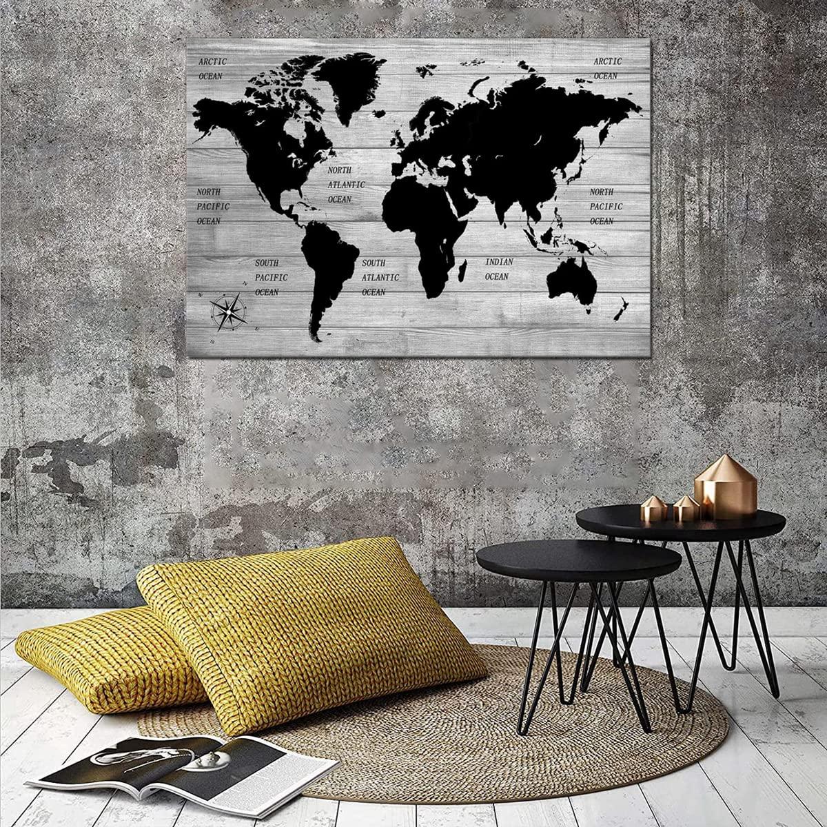 TAOMI World Map Black Grey White Wooden Grain Painting Artwork for Office Bedroom Wall Art Poster Large Frame Home Decorations Greyscale Minimalist Picture