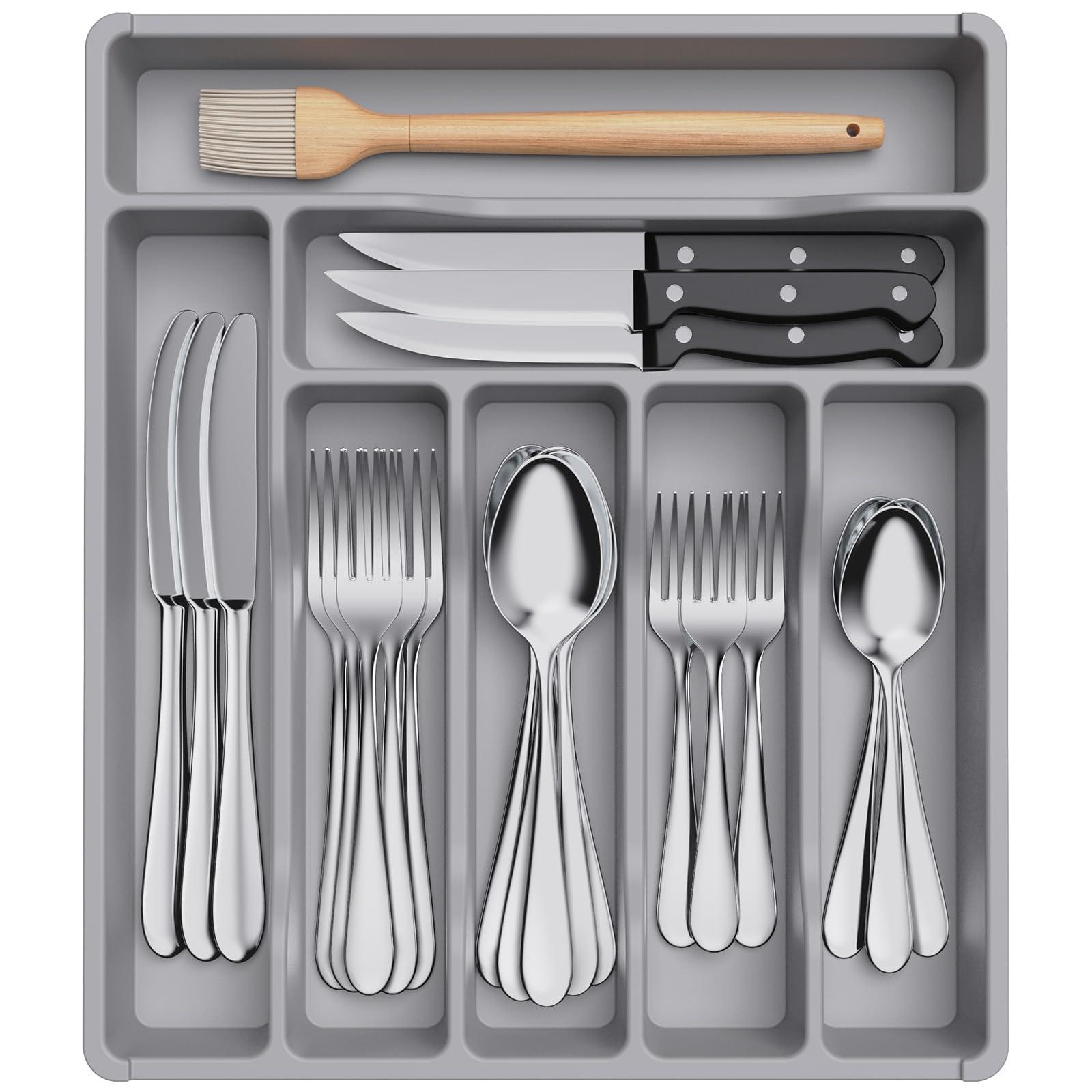 Lifewit Lifewit Silverware Drawer Organizer Tray, Plastic Cutlery Storage for Kitchen Drawer, Flatware and Utensil Holder Divider for Spoons Forks Knives Tableware, 7 Compartment, Gray