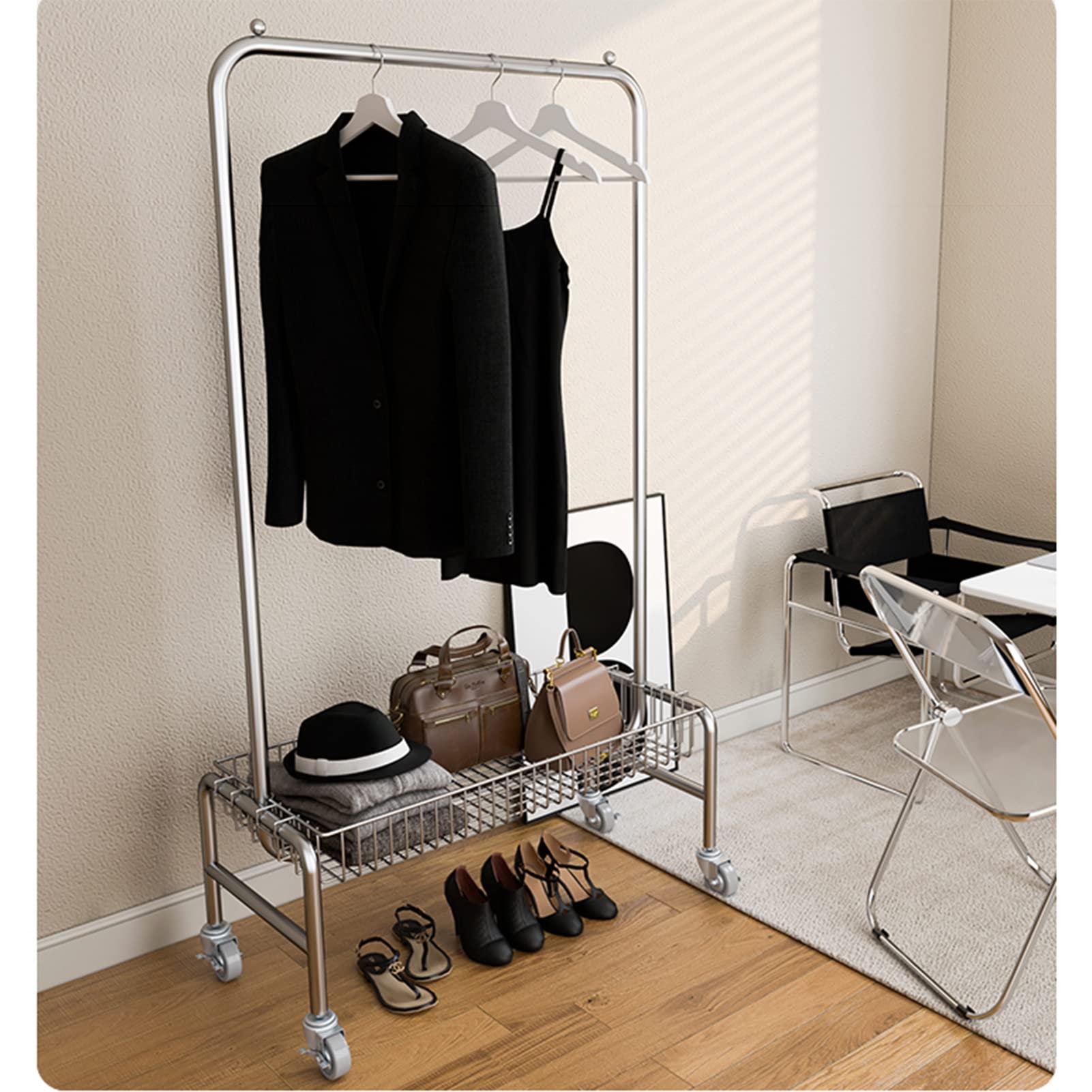 ARALEL Garment Rack Portable Rolling Clothing Racks For Hanging Clothes On Wheels, Space Saving Clothes Organizers With Storage Basket, Multi-Purpose Metal Display Rack, Bedroom Coat Ra(Size:118X40X168CM )