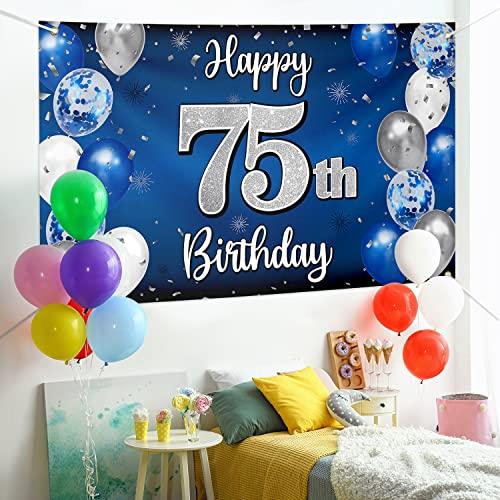 Nelbiirth Nelbiirth Happy 75th Birthday Decorations,75th Blue & Silver Balloon Large Birthday Banner Backdrop Sign,75th Bday Party Supplies.