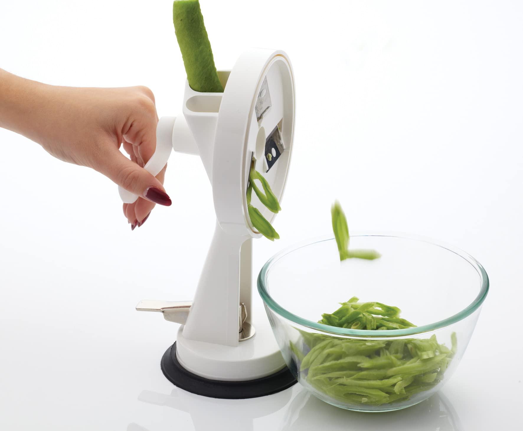 Kitchen Craft KitchenCraft Rotary Runner Bean Slicer 23cm with Suction Pad in Gift Box, Stainless Steel & plastic, White/Black