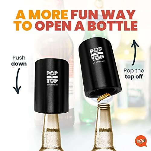 TaZa Pop-the-Top Beer Bottle Opener (Stainless): Automatic Bottle Cap Opener, Push Down Pop Off Bar Tool, Soda and Beer Cap Remover, Cool & Fun Gadget