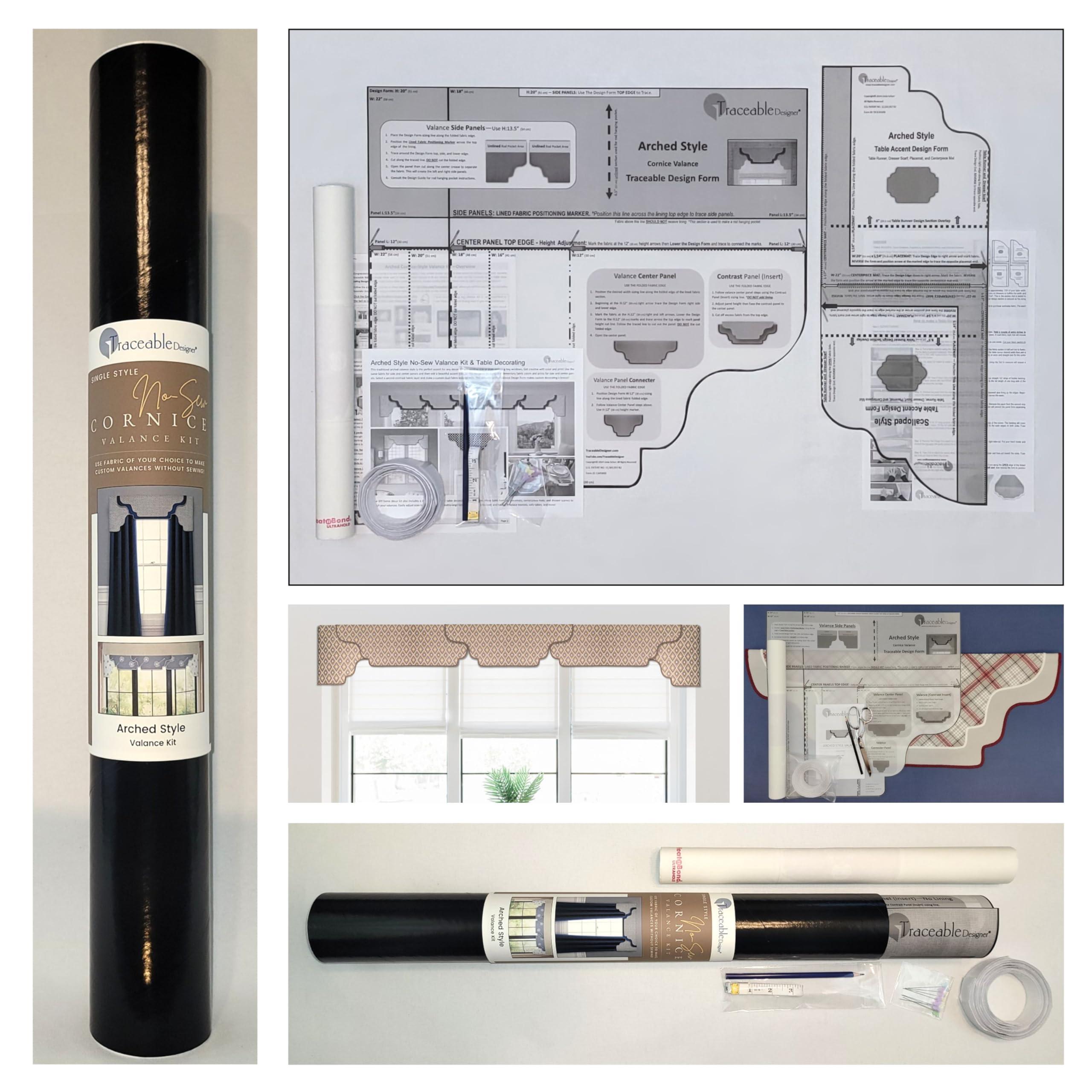 Traceable Designer Traceable Designer Arched Cornice Valance, Patented Sewing Alternative; Kit; Make No-Sew Curtains for Bedroom, Living Room,Use Over Shades or Drapes; Lined; Rod Pocket