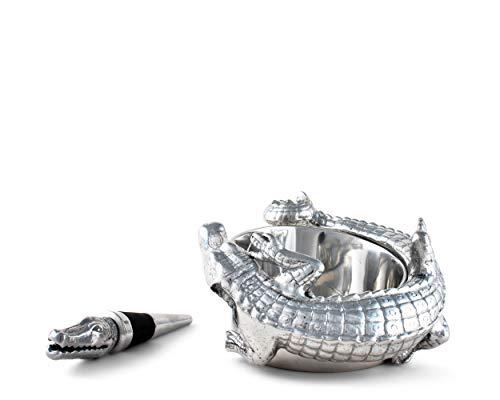 Arthur Court Arthur Court Designs Aluminum Alligator Wine Coaster / Holder and Bottle Stopper Set Gator Florida Décor 4 inch Diameter 3.5 inch Tall