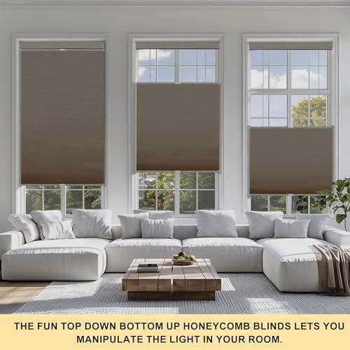 BERISSA BERISSA Top Down Bottom Up Cordless Cellular Shades Pull Down Blackout Room Darkening Window Shades Honeycomb Blinds for Windows and Skylights,Brown,81" W x 36" H