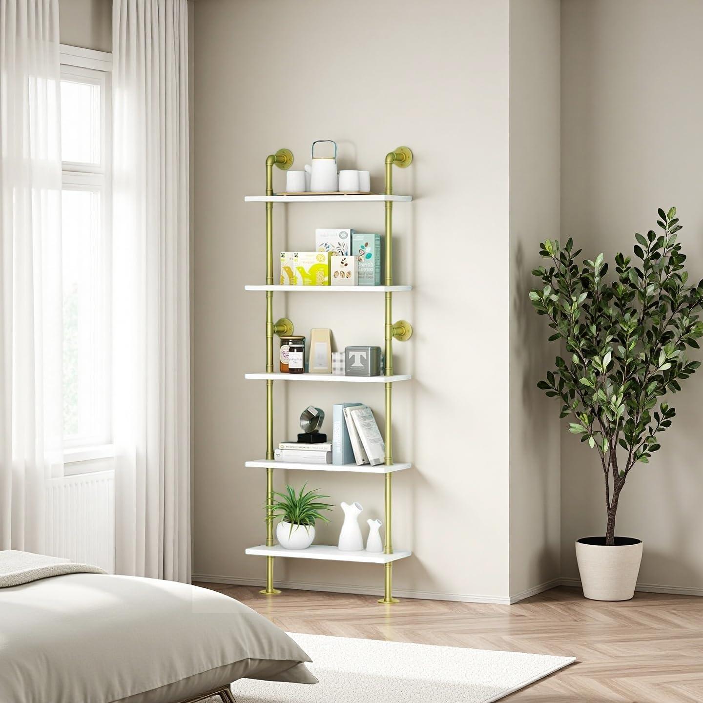 HEONITURE HEONITURE 5 Shelf Modern Gold Bookshelf, Wall Mount White Bookcase, Ladder Shelf with Metal Frame, Display Shelf Shelves for Living Room/Home/Office