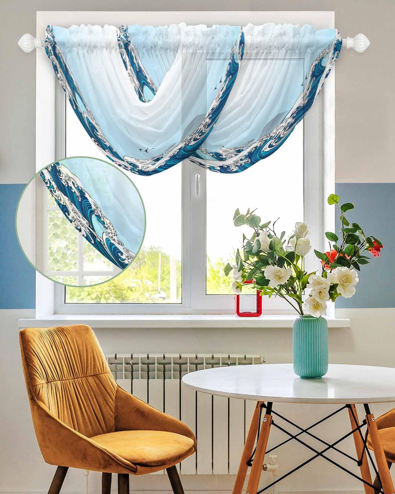 Hokiten Hokiten Blue Ombre Coastal Sheer Waterfall Valance Curtains for Window, Modern Blue Sea Wave Abstract Art Rod Pocket Sheer Topper Swag Curtains for Living Room, Kitchen 38.5" W x 47.2" L, 1 Panel