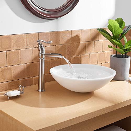 BWE Vessel Sink Faucet with Supply Line Brushed Nickel Deck Mount One Hole Single Handle Waterfall Bathroom Faucets Lavatory Mixer Tap Tall Body