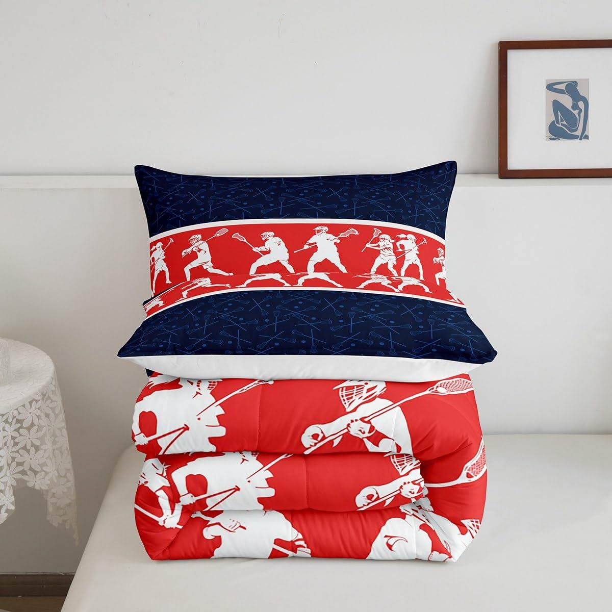 Feelyou Feelyou Lacrosse Comforter Set Twin Size Boys Gilrs Sports Bedding Set for Kids Adults Soft Lacrosse Player Games Comforter Navy Blue Red Duvet Set Room Decor Quilt 2Pcs Boys