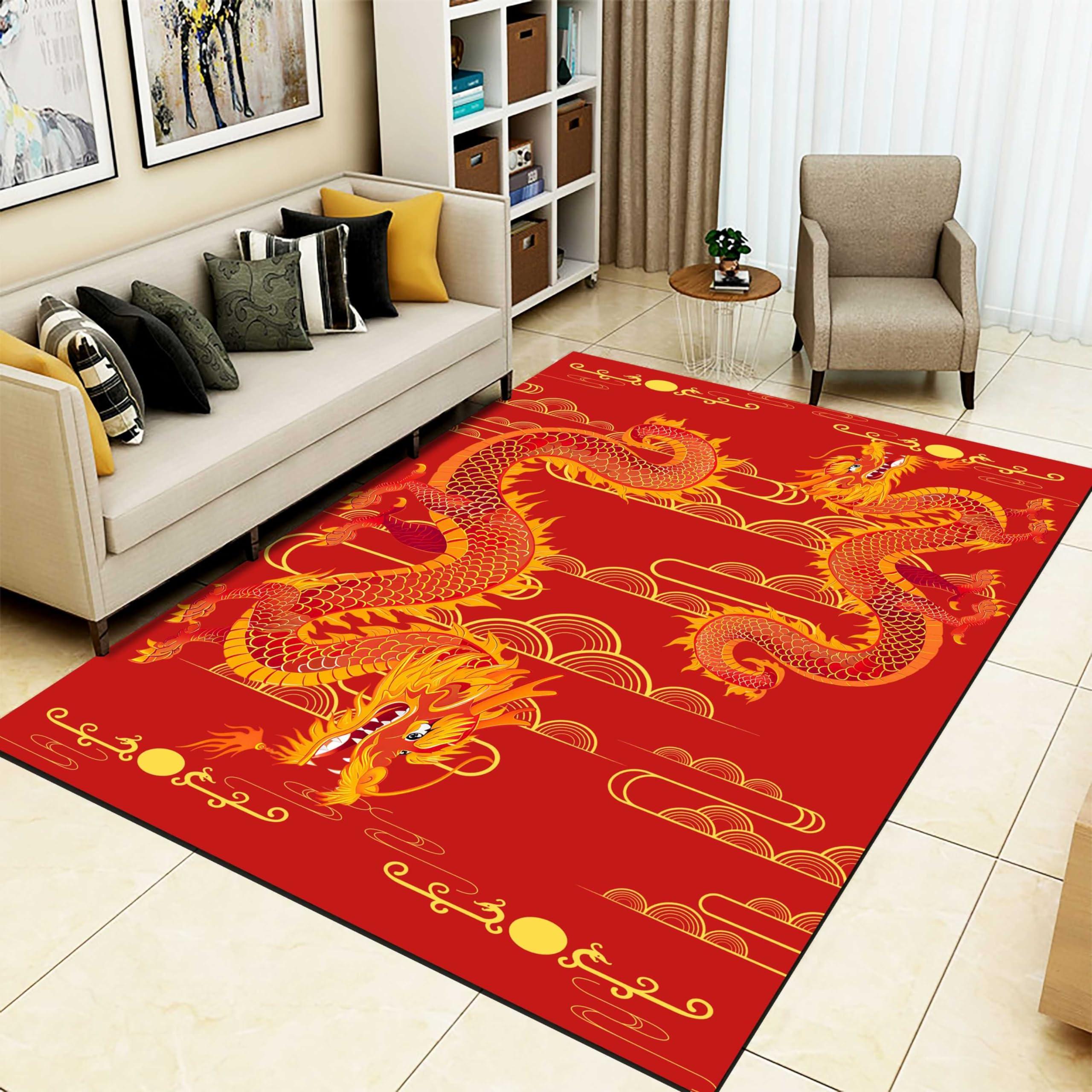 LHOMKCV LHOMKCV Chinese Dragon Area Rug, 4x6ft, Asian Style Golden Dragon Lotus Clouds Home Decor Rug, Classic Traditional Animal Floor Rugs, Non-Slip Washable Red Carpet for Living Room Bedroom Kitchen