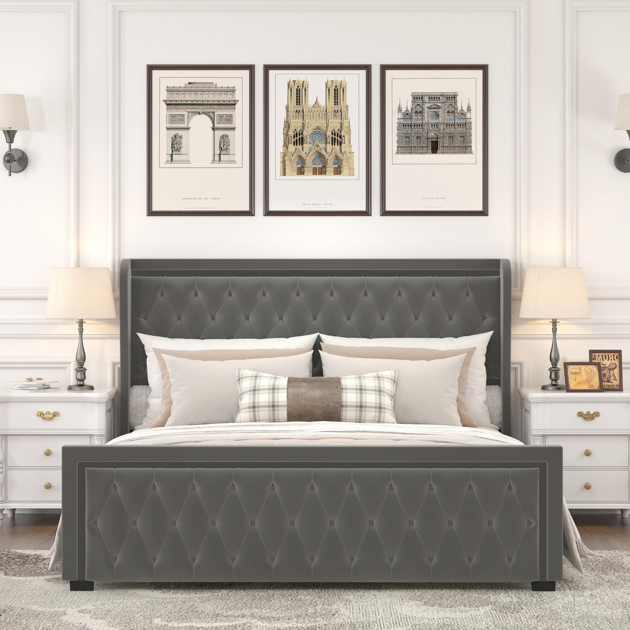 Bed Bath & Beyond Queen Velvet Platform Bed Frame with High Headboard and LED Light