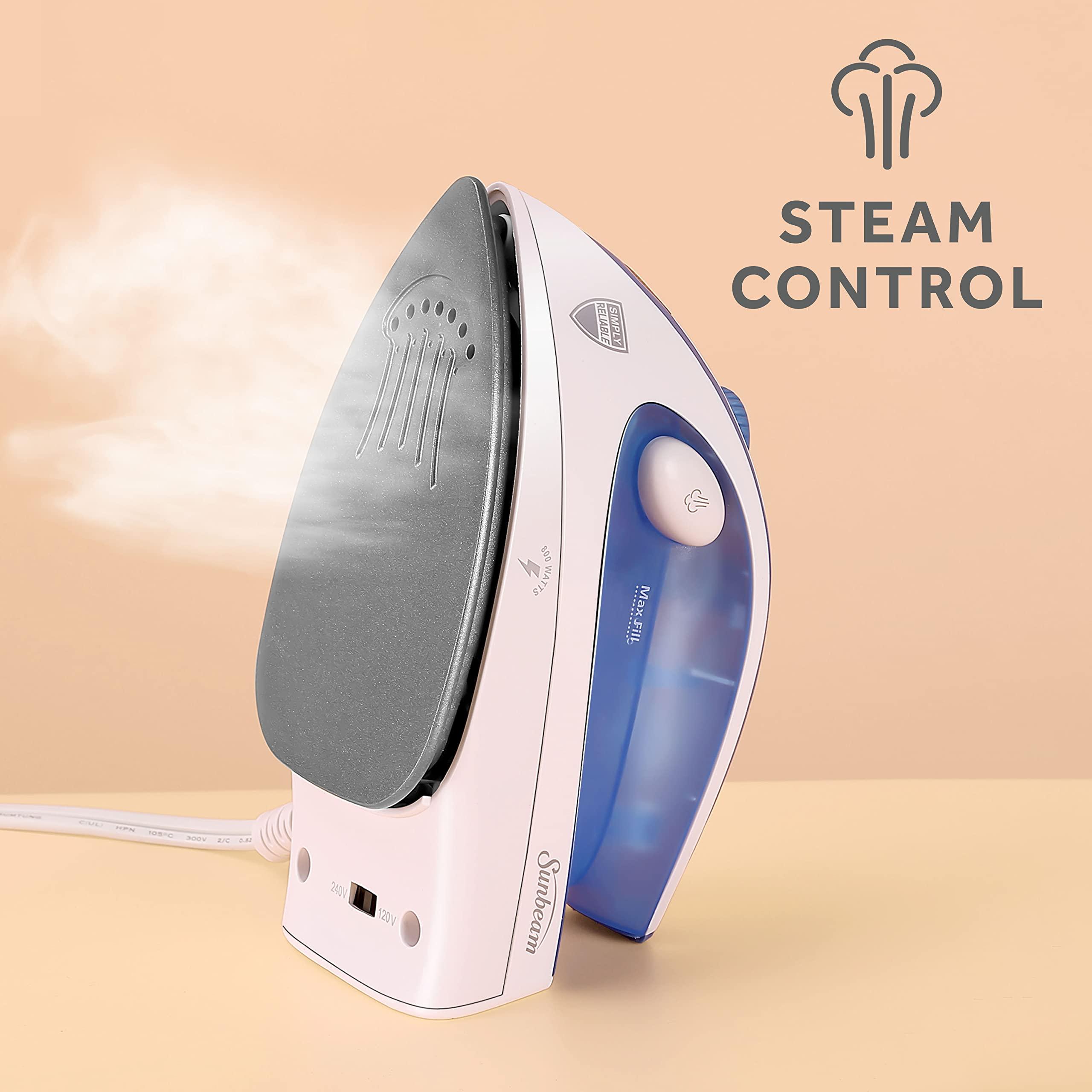 Sunbeam Sunbeam Hot-2-Trot Travel Steam Iron, 800 Watt Dual Voltage 120/240, Compact Size, Portable, Non-Stick Soleplate, Soft Touch Handle, Horizontal or Vertical Use, White and Blue