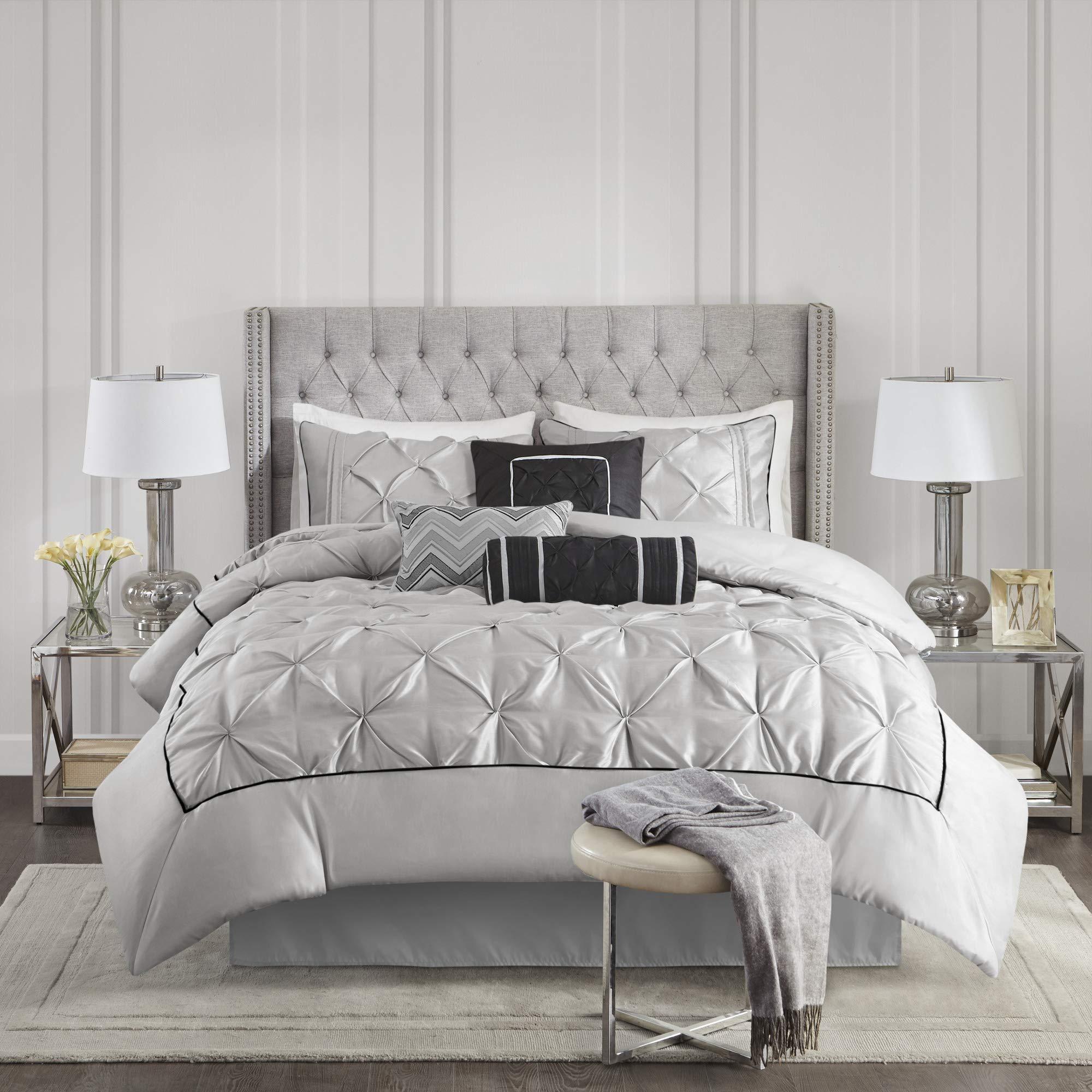 Madison Park Madison Park Laurel Cozy Comforter Set - Traditional Tufted Faux Silk Design, All Season Down Alternative Bedding with Matching Shams, Decorative Pillow, Grey Cal King(104\"x92\") 7 Piece