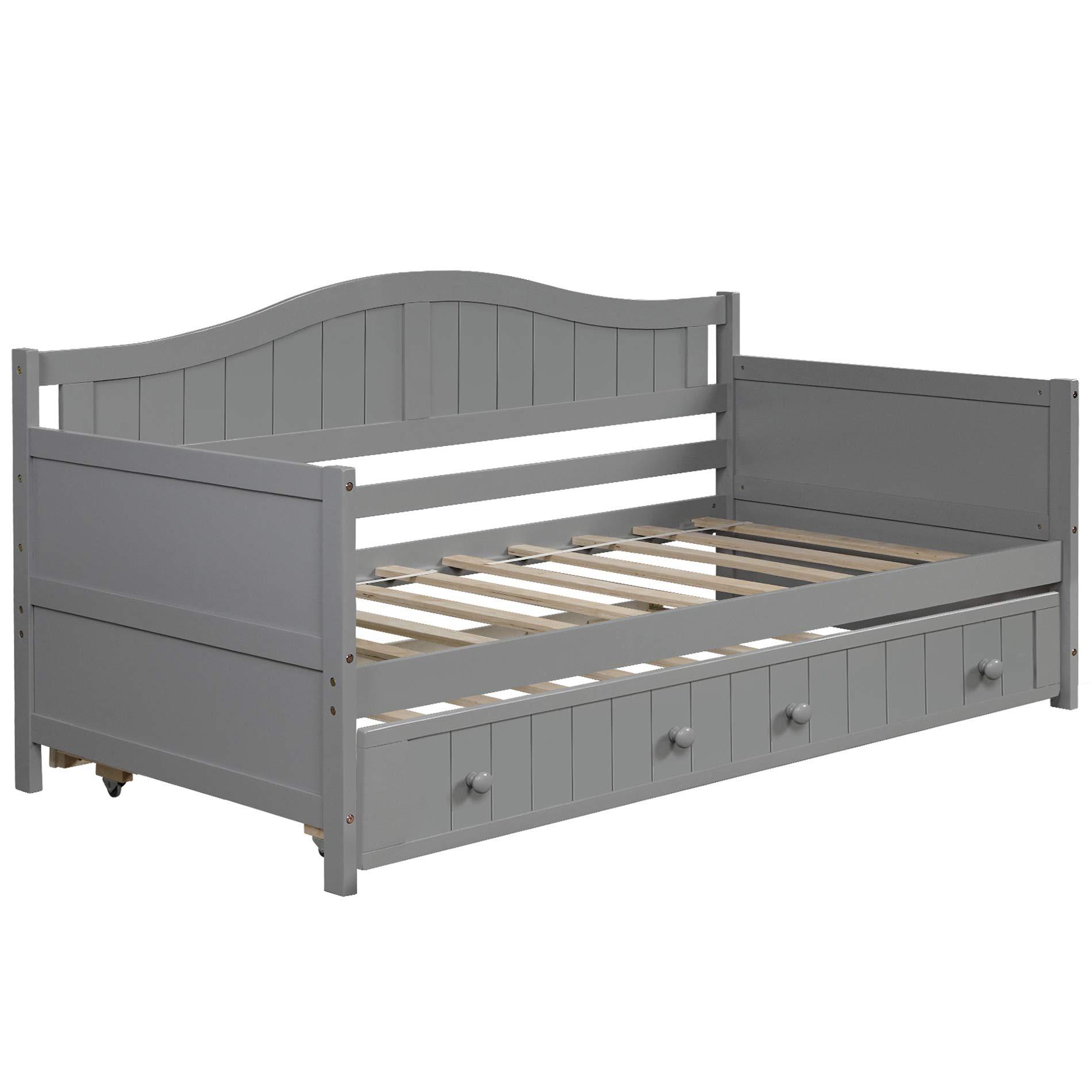 Merax Merax Twin Daybed with Trundle Bed, Wood Daybed Frame with Wood Slat Support, Sofa Bed for Bedroom Living Room, No Box Spring Needed, Gray
