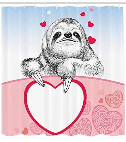 Ambesonne Ambesonne Sloth Shower Curtain, Romantic Sloth Falling in Love Different Heart Figures Valentines Day Art, Fabric Bathroom Decor Set with Hooks, 69\" W x 84\" L, Pink Light Blue Black