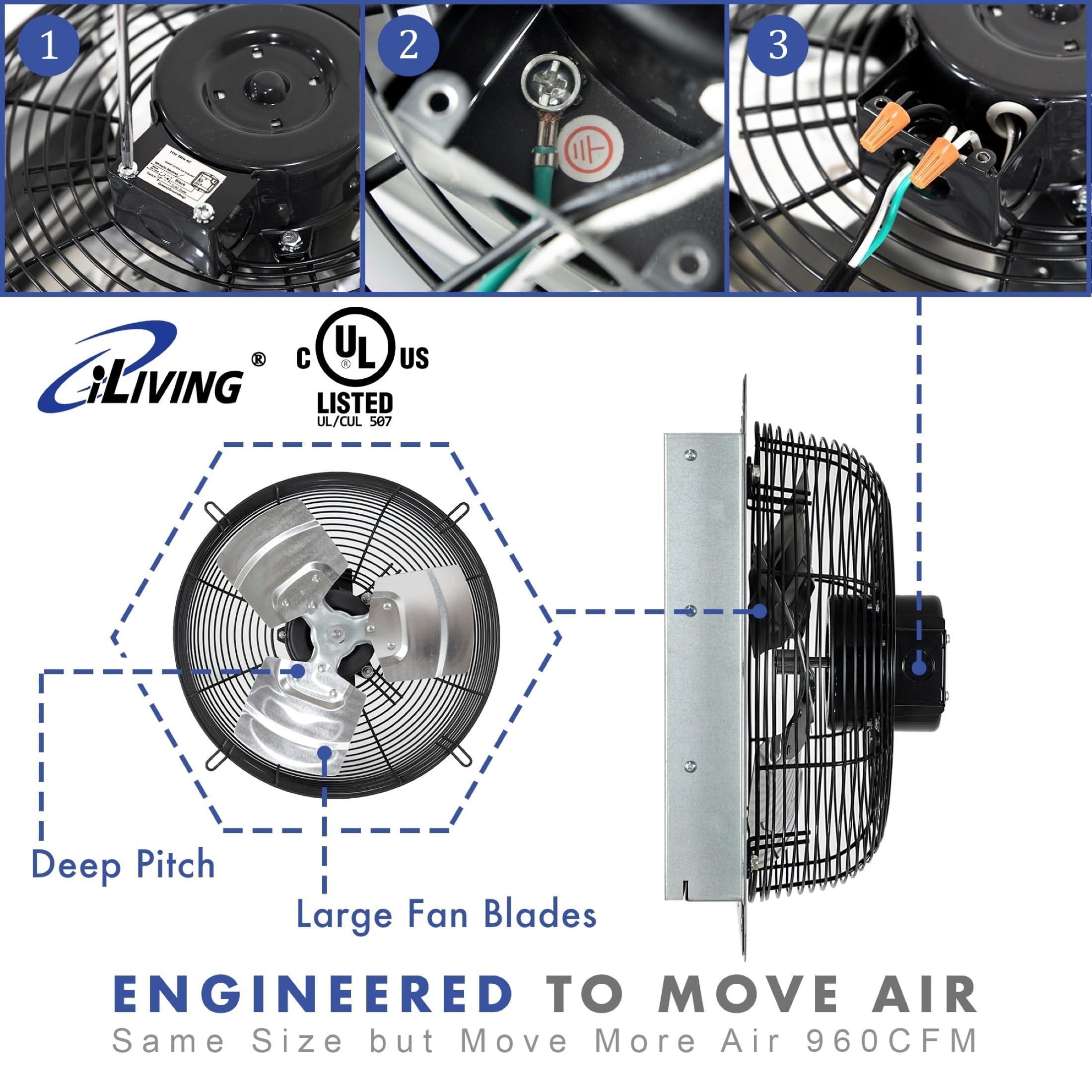 iLIVING iLiving 12-Inch Wall Mounted Exhaust Fan with Variable Speed, 960 CFM, 1400 SQF Coverage Area, Silver