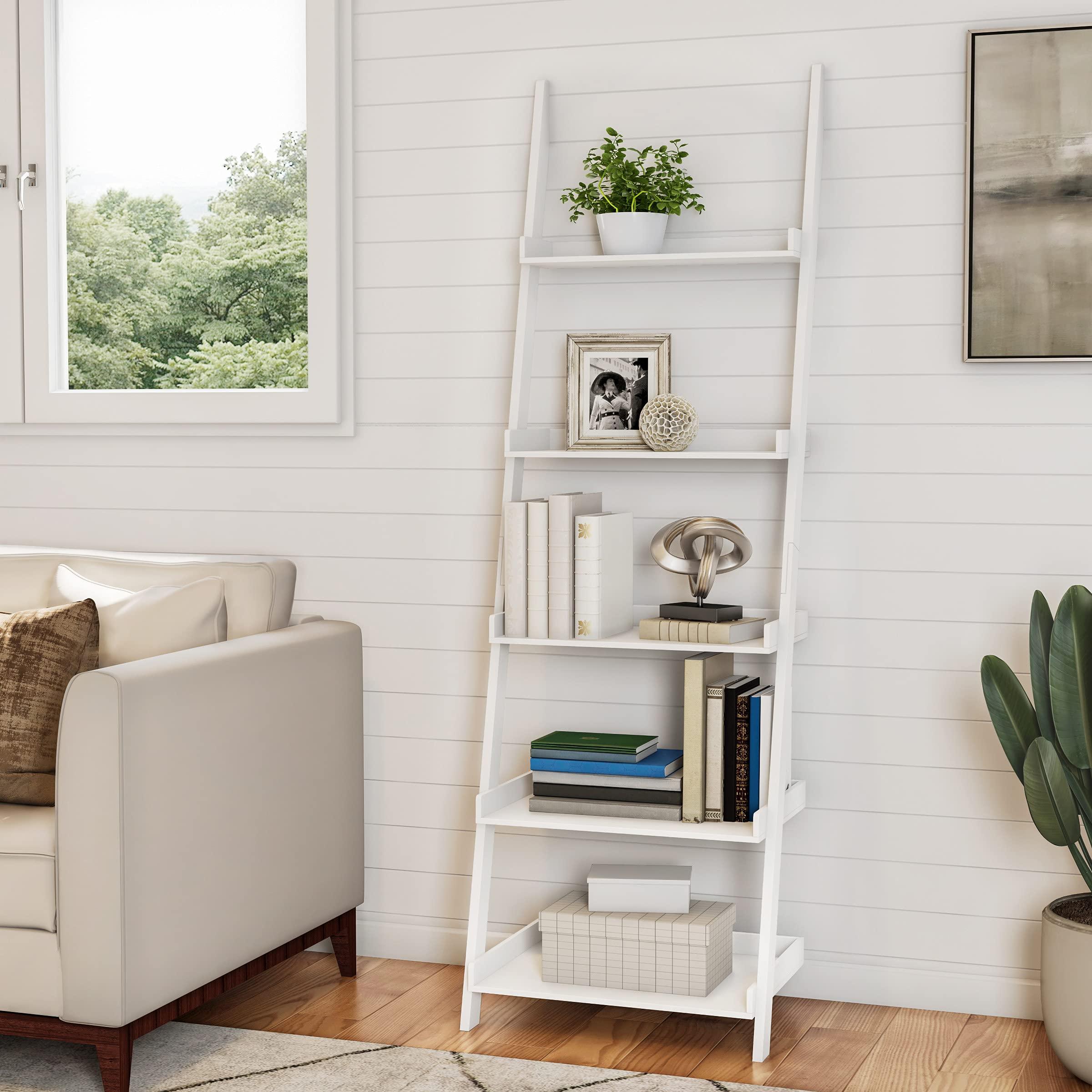 Lavish Home Lavish Home Bookshelf - 5-Tier Ladder Shelf with Leaning Look - Bookcase for Home Decor and Office Storage - Freestanding Book Shelves (White)