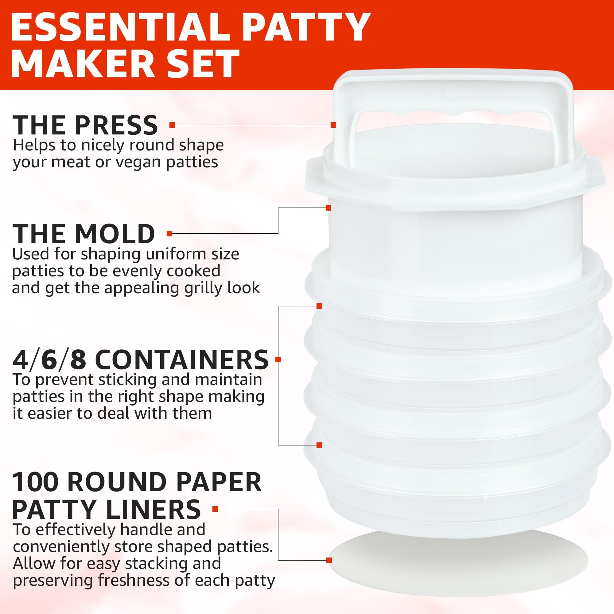 Miles Kimball Mission Gallery Hamburger Press Patty Maker - 4 in1, Burger Mold, Patty Press, 4 Storage Containers, 100 Round Papers - Hamburger Patty Maker Tool for BBQ - Burger Shaper for Meat, Veggie Patties