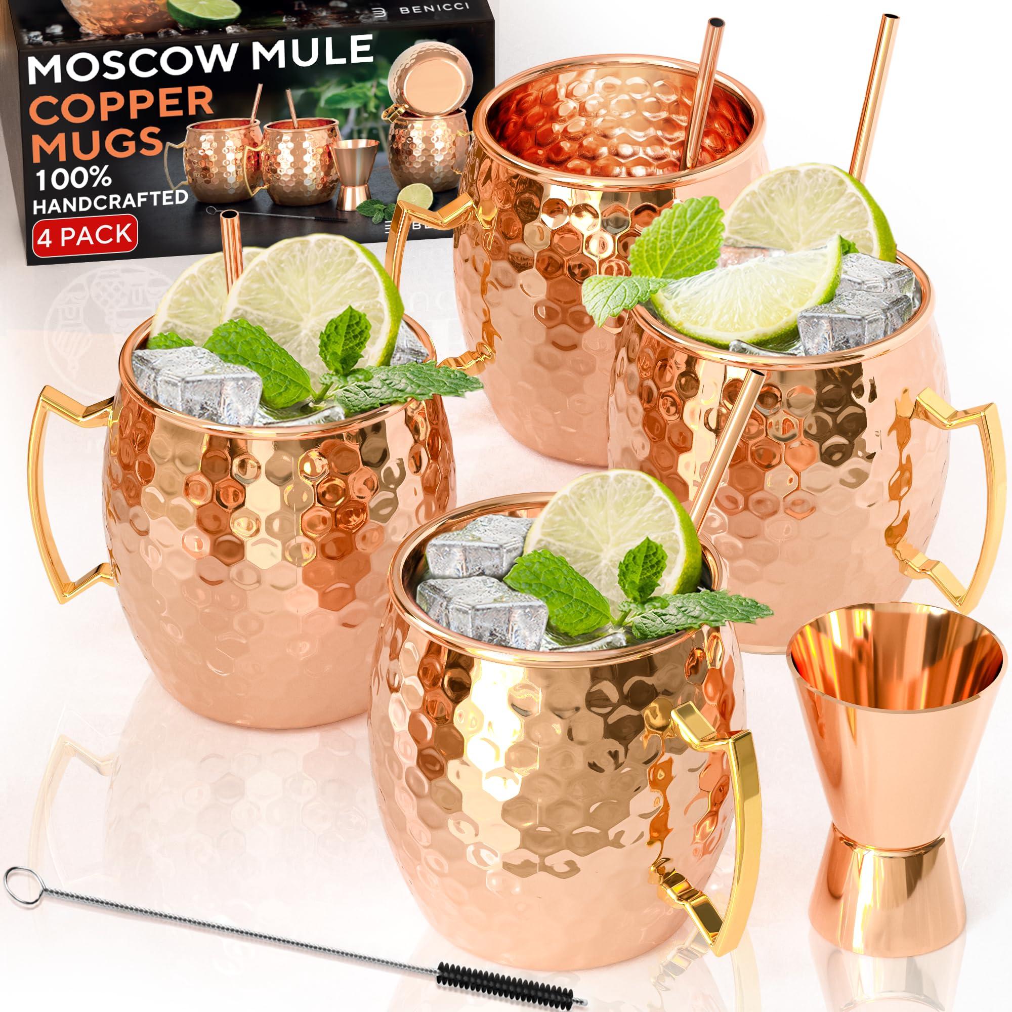 Benicci Benicci Moscow Mule Copper Mugs - Set of 4-100% HANDCRAFTED - Food Safe Pure Solid Copper Mugs - 16 oz Christmas Gift Set with Premium Quality Cocktail Copper Straws and Jigger!