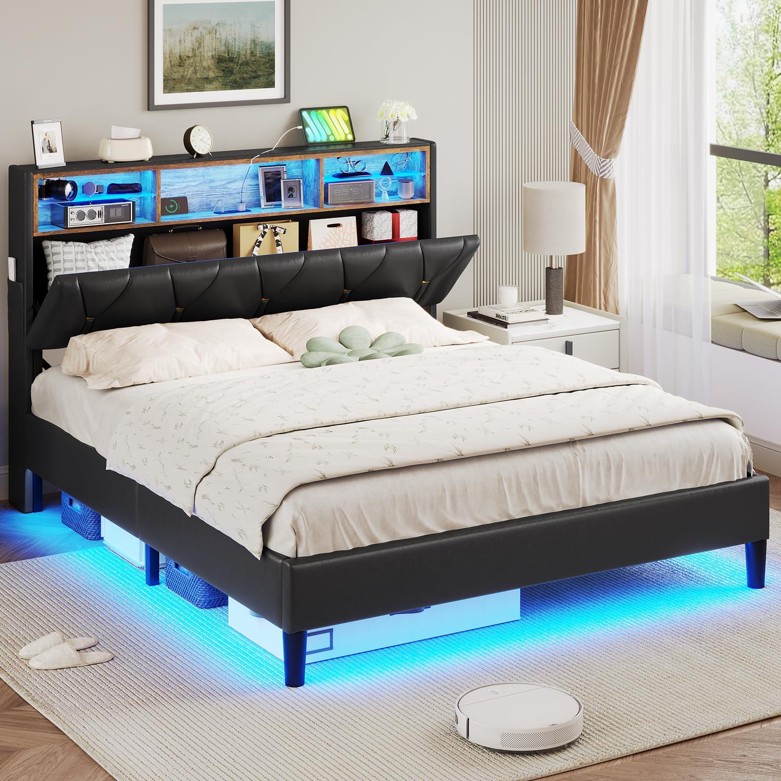 ADORNEVE ADORNEVE Full Size Bed Frame with LED Lights and Storage Headboard, LED Bed Frame with Outlets and USB Ports, Upholstered Platform Bed with Hidden Storage, Easy Assembly, PU Black