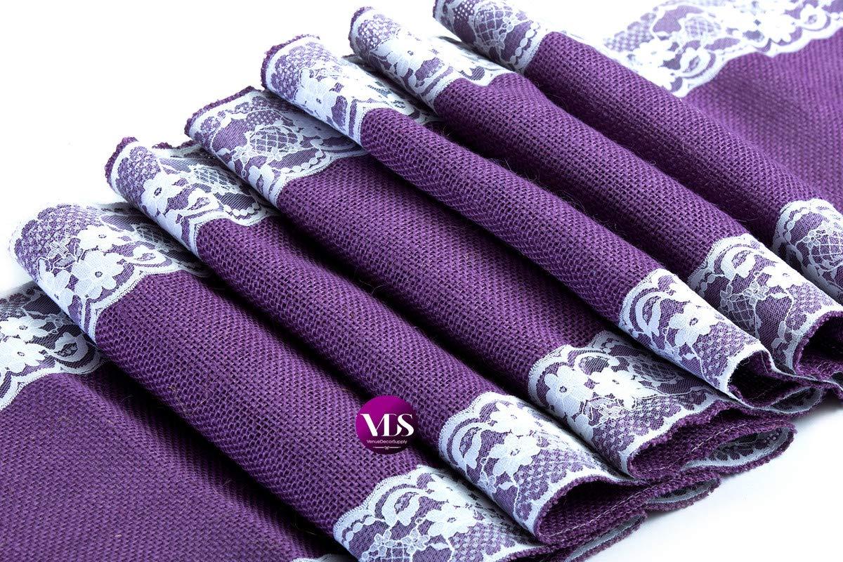 VDS VDS Pack of 20, Burlap Table Runner with White Lace Edge, 100% Natural Jute Rustic Hessian Table Cloth Centerpiece for Wedding Birthday Party Banquet Table Decoration (Size 12X108 Inch)(Lavender)