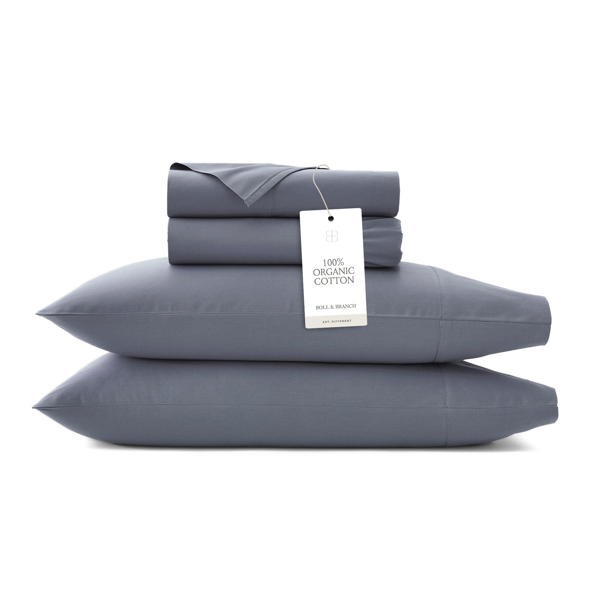 BOLL & BRANCH BOLL & BRANCH Signature Hemmed Sheet Set - Split King, Mineral - Luxury 100% Organic Cotton - Includes 1 Flat, 2 Fitted, 2 Pillowcases - Buttery Soft